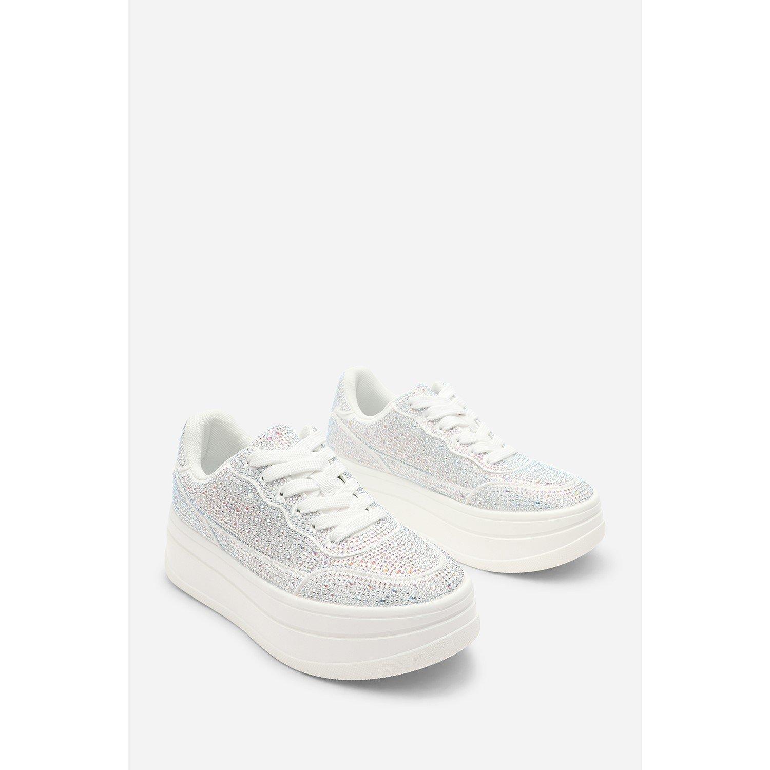 White - Wheres That From - Wedge Lace Up Trainer with Diamante Detail - 4