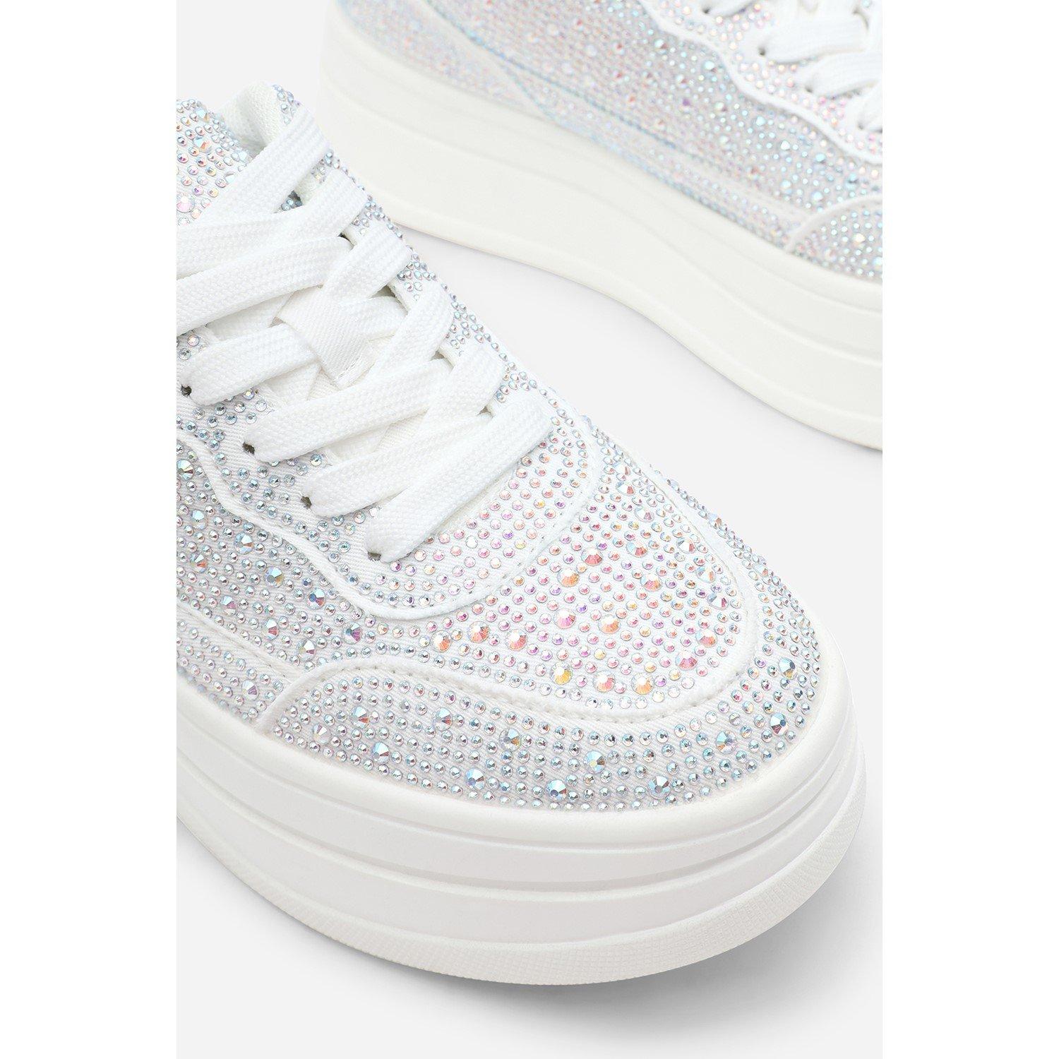 White - Wheres That From - Wedge Lace Up Trainer with Diamante Detail - 5