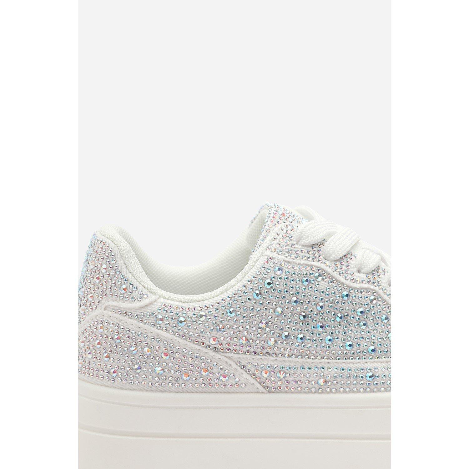 White - Wheres That From - Wedge Lace Up Trainer with Diamante Detail - 6