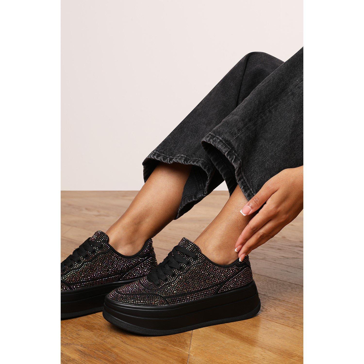 Black - Wheres That From - Wedge Lace Up Trainer with Diamante Detail - 1