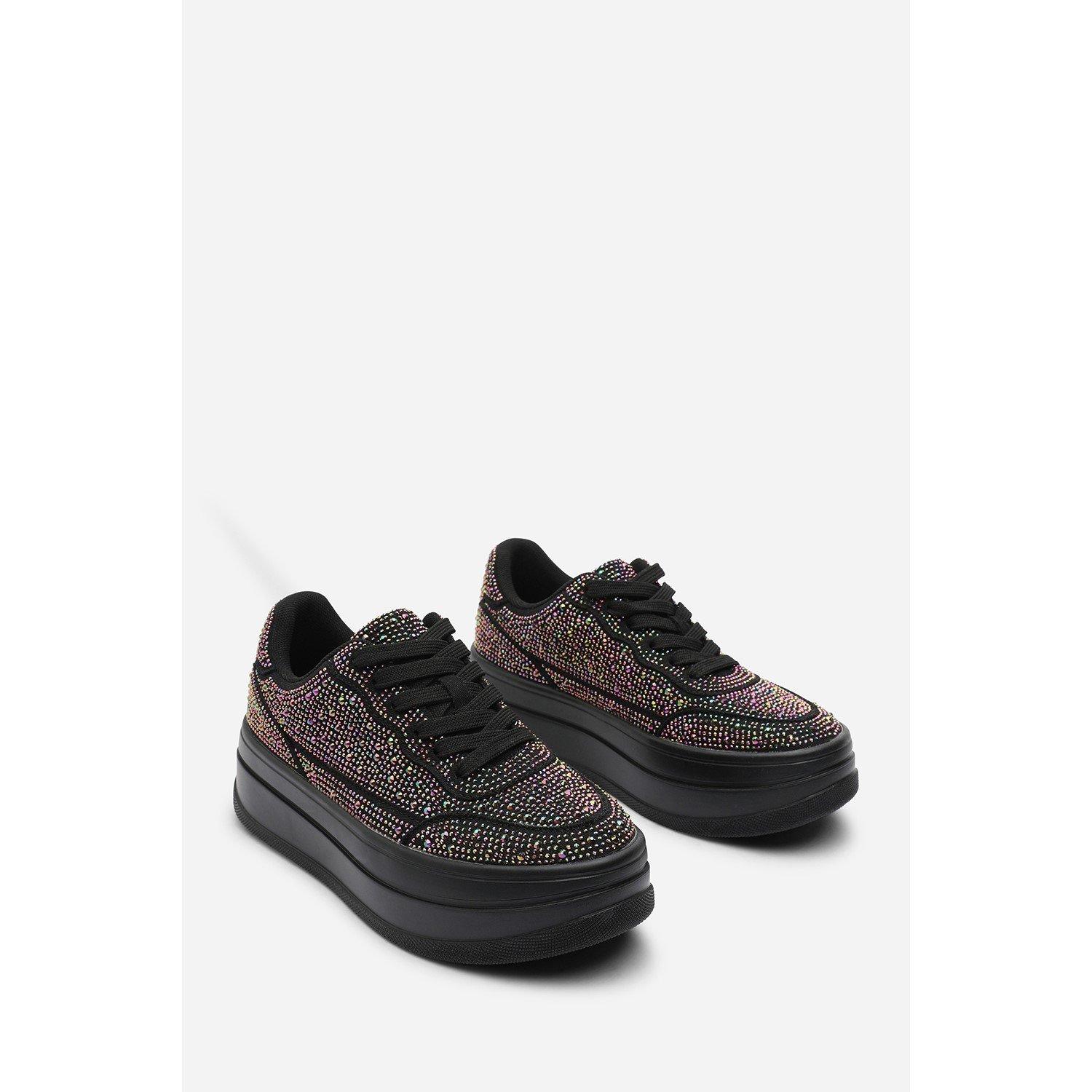 Black - Wheres That From - Wedge Lace Up Trainer with Diamante Detail - 4