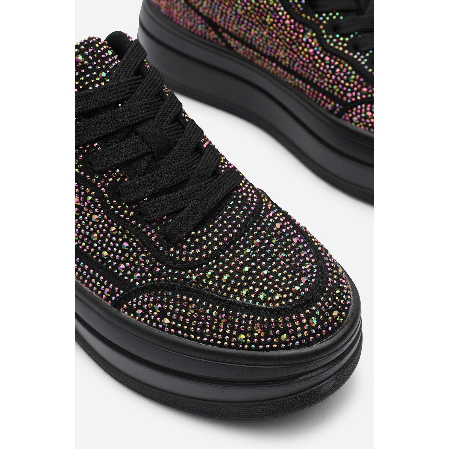 Black - Wheres That From - Wedge Lace Up Trainer with Diamante Detail - 5