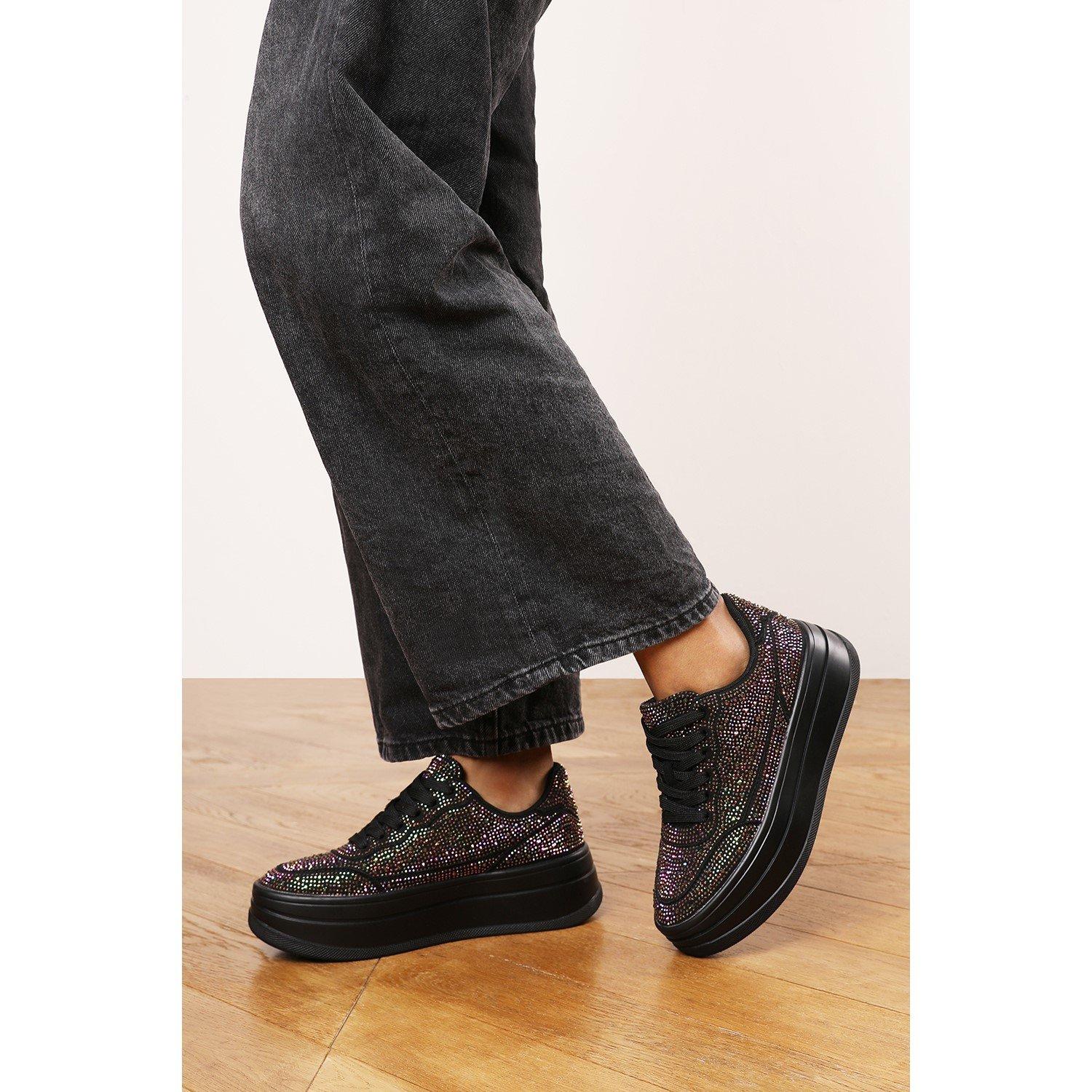 Black - Wheres That From - Wedge Lace Up Trainer with Diamante Detail - 7