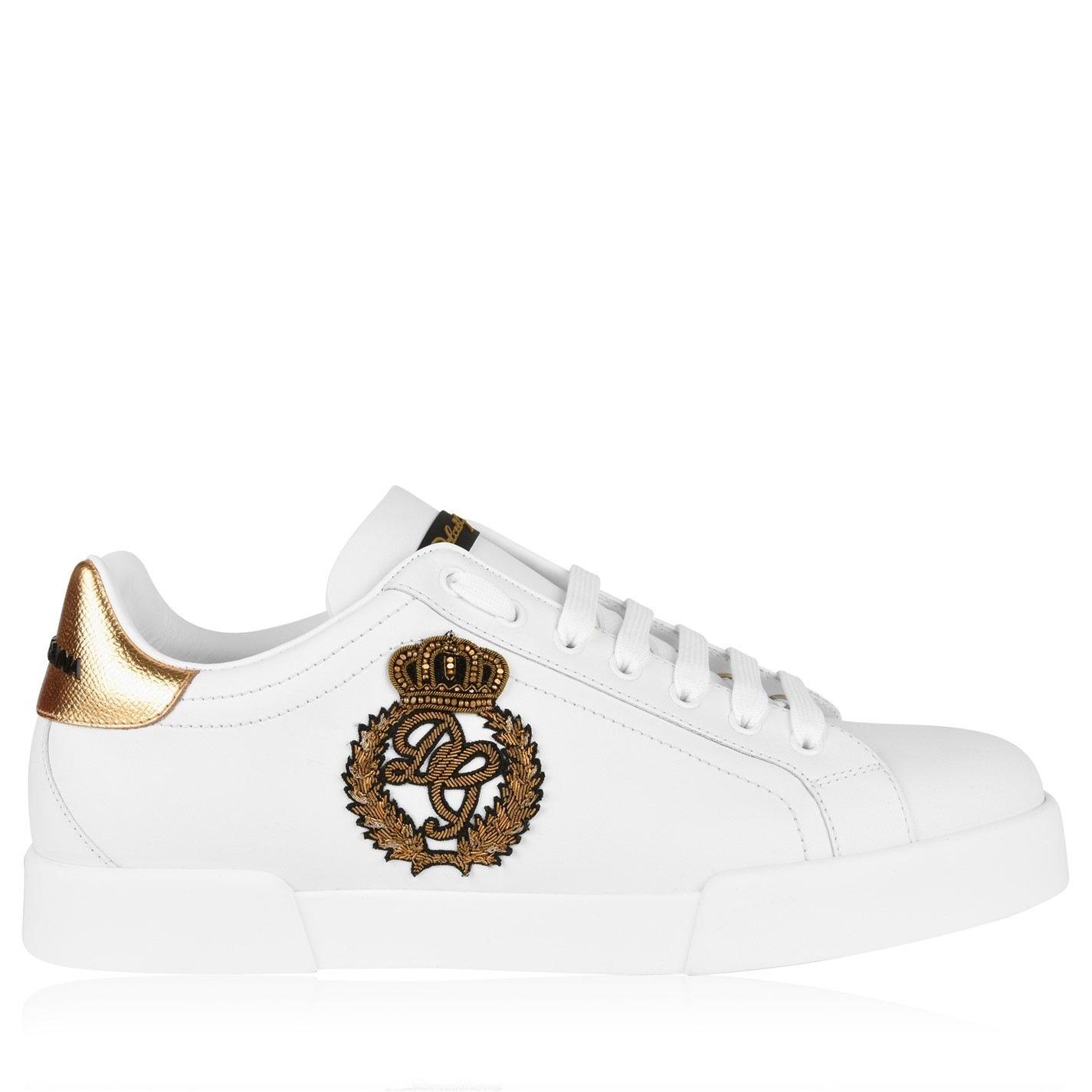 Dolce and Gabbana Men's Crown Leather Portofino Trainers - White/Gold - Size 9.5 (43.5)