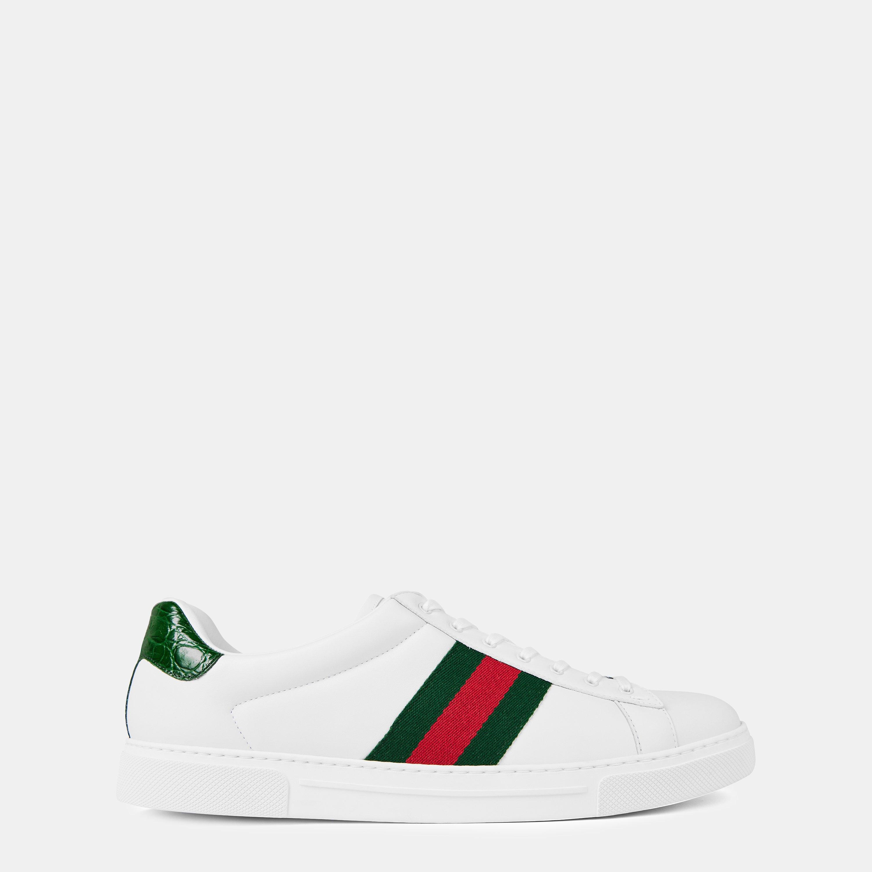 White/GRG - Gucci - Men's Web Leather New Ace Low Top Trainers - 1
