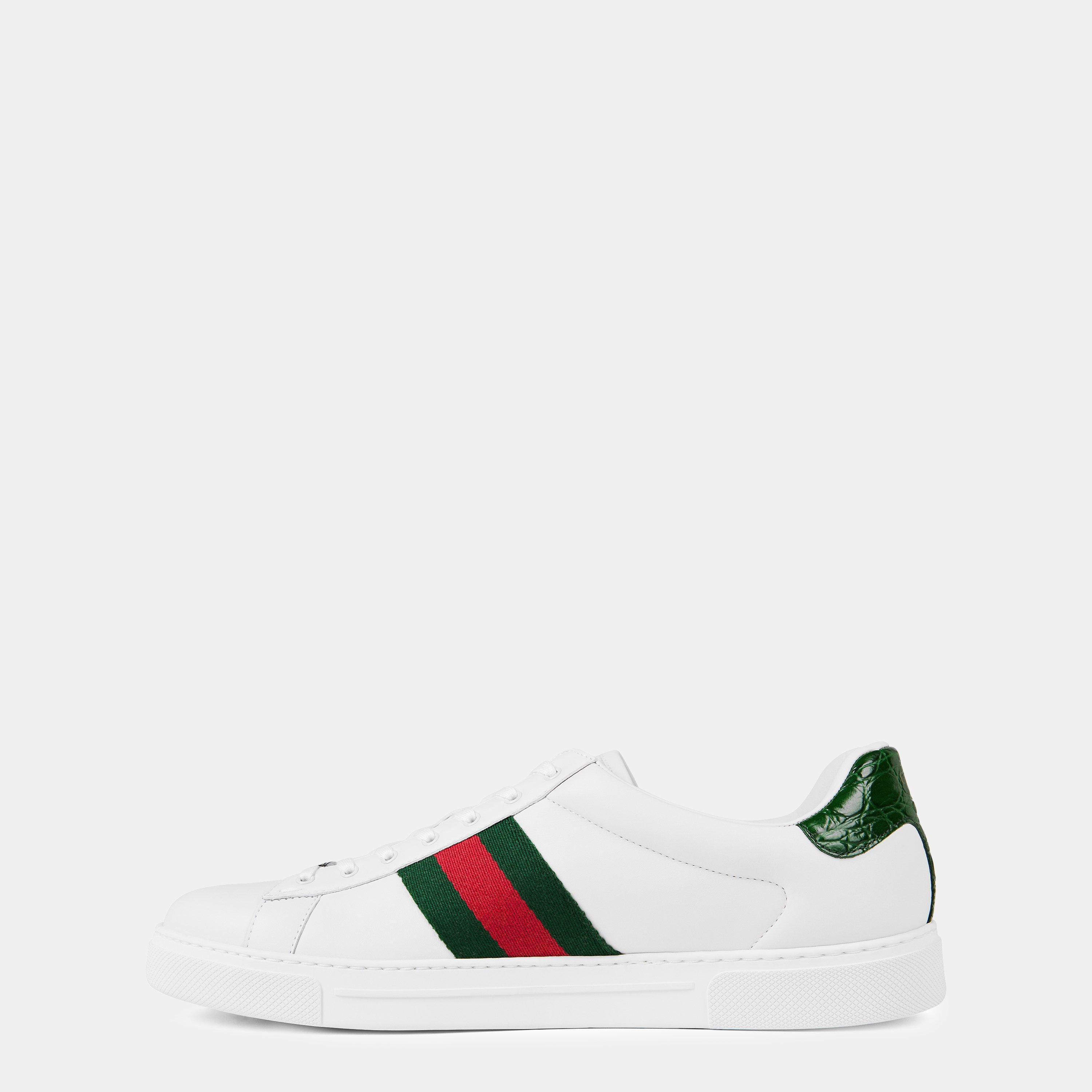 White/GRG - Gucci - Men's Web Leather New Ace Low Top Trainers - 2