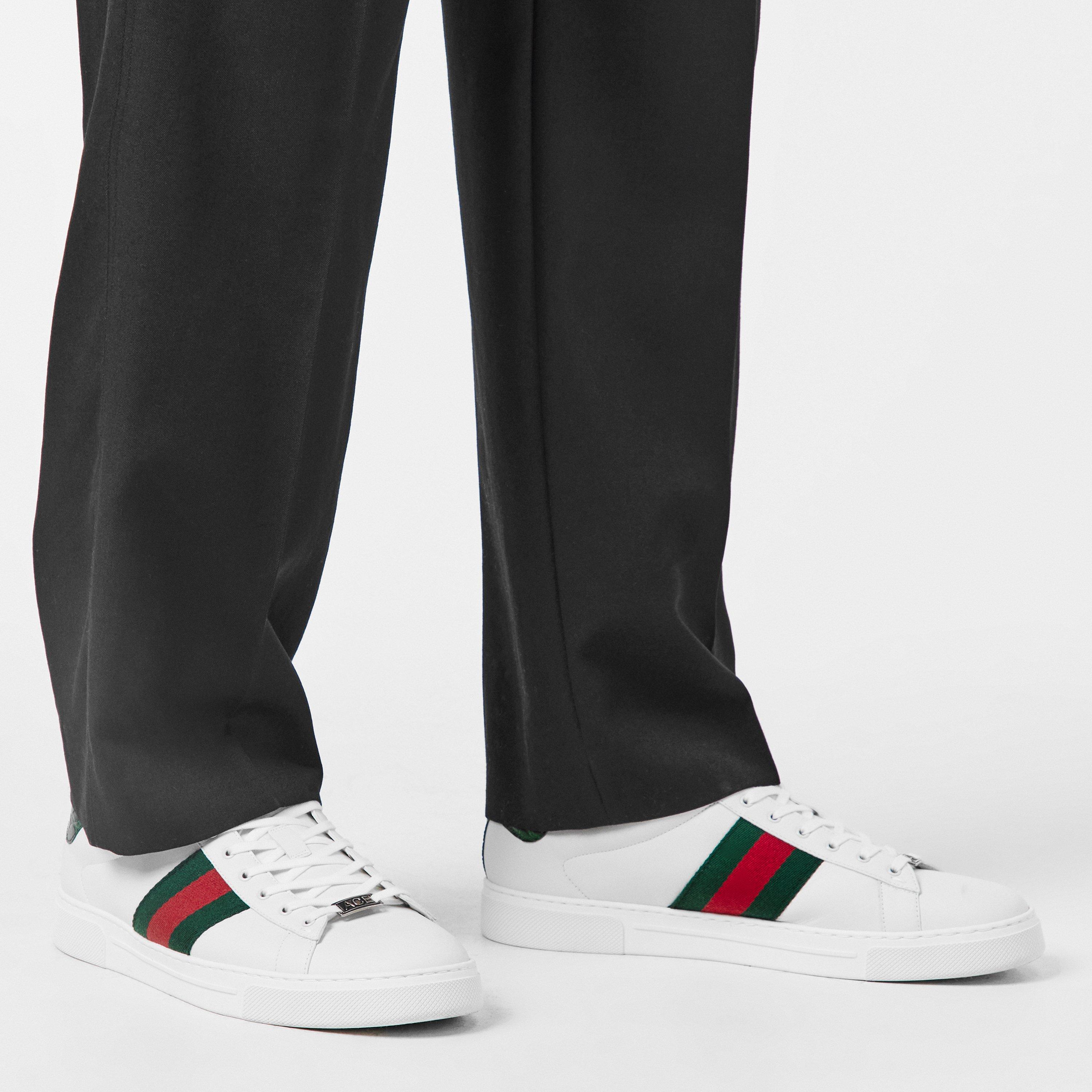 White/GRG - Gucci - Men's Web Leather New Ace Low Top Trainers - 3