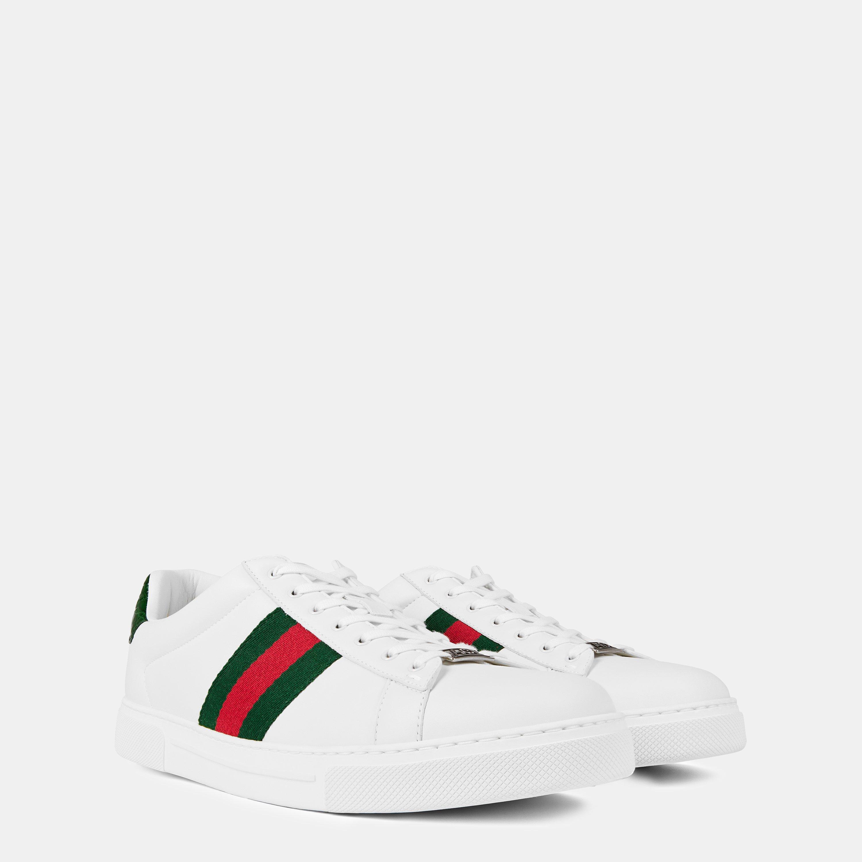 White/GRG - Gucci - Men's Web Leather New Ace Low Top Trainers - 4