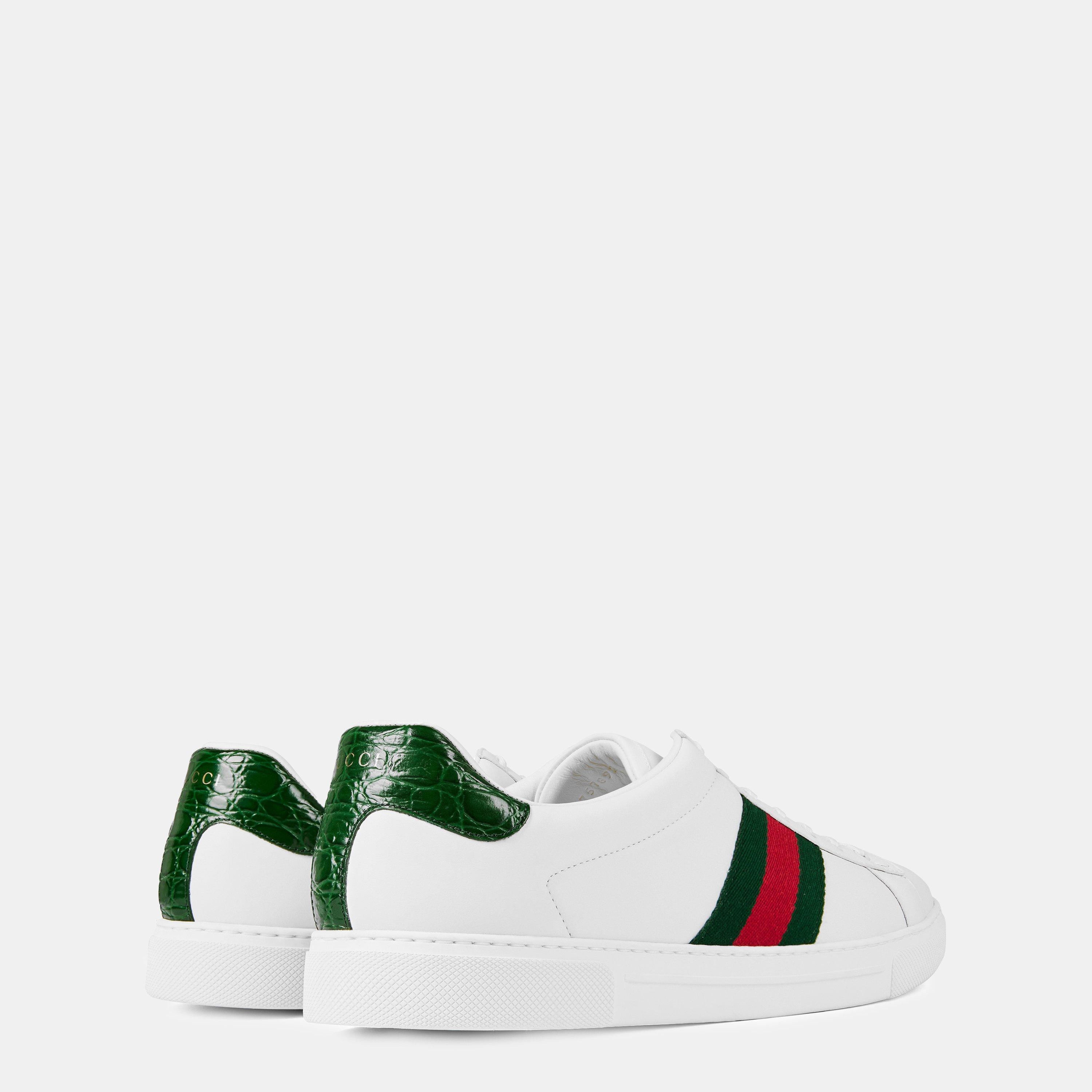 White/GRG - Gucci - Men's Web Leather New Ace Low Top Trainers - 5