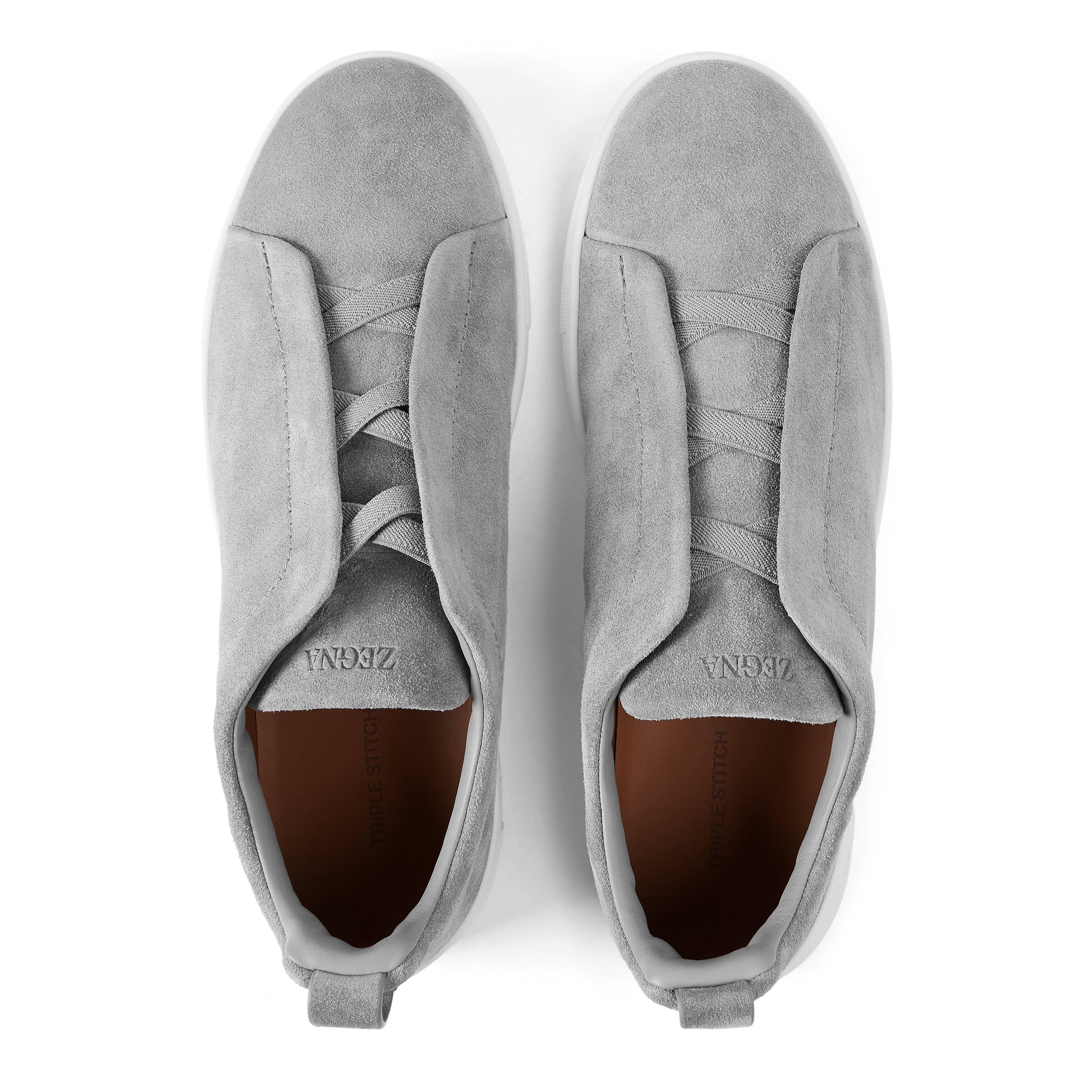 GREY - Zegna - Men's Triple Stitch Leather Low-Top Trainers - 4