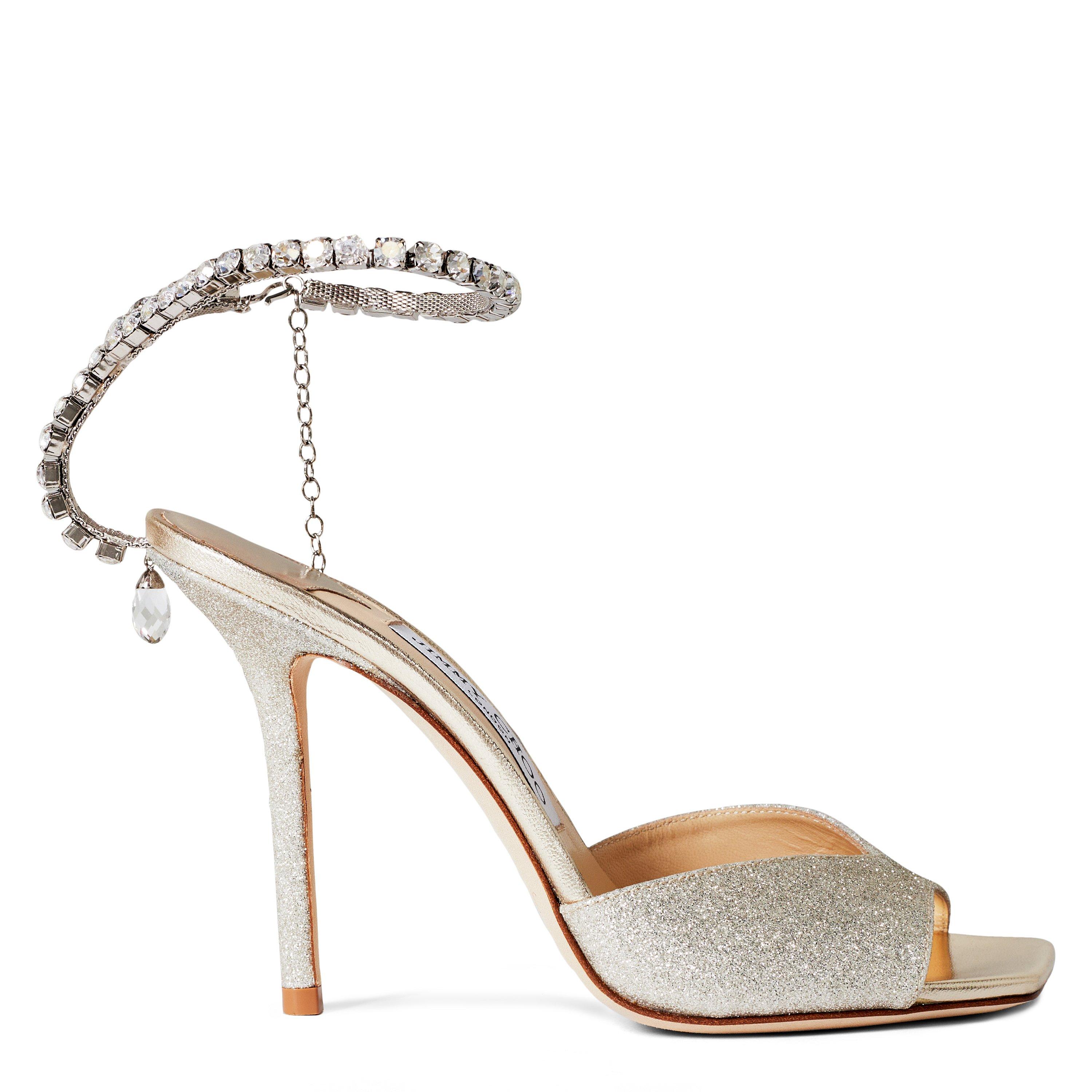 Jimmy Choo Women's Crystal Ankle Chain Leather Saeda 100 Sandals - Platinum Ice - Size 4 (37)