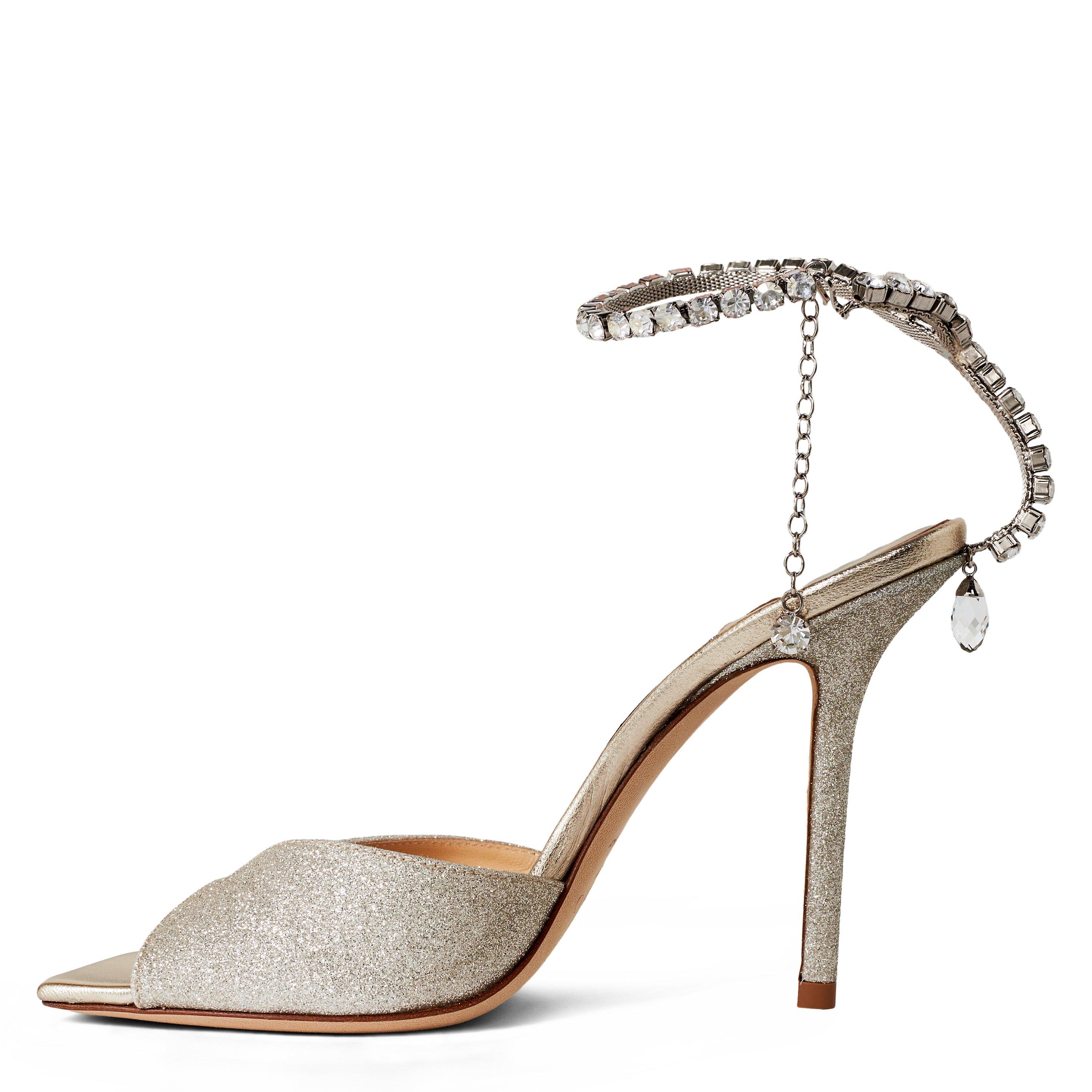Platinum Ice - Jimmy Choo - Women's Crystal Ankle Chain Leather Saeda 100 Sandals - 3