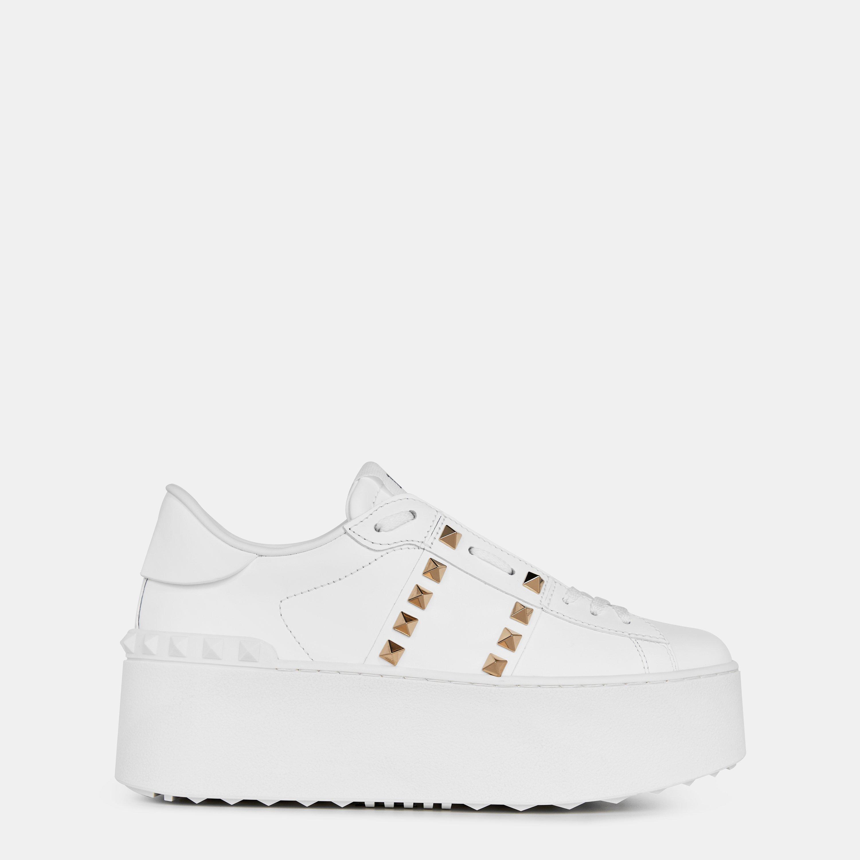 White 0BO - Valentino Garavani - Rockstud Untitled Leather Platform Sneakers - 1
