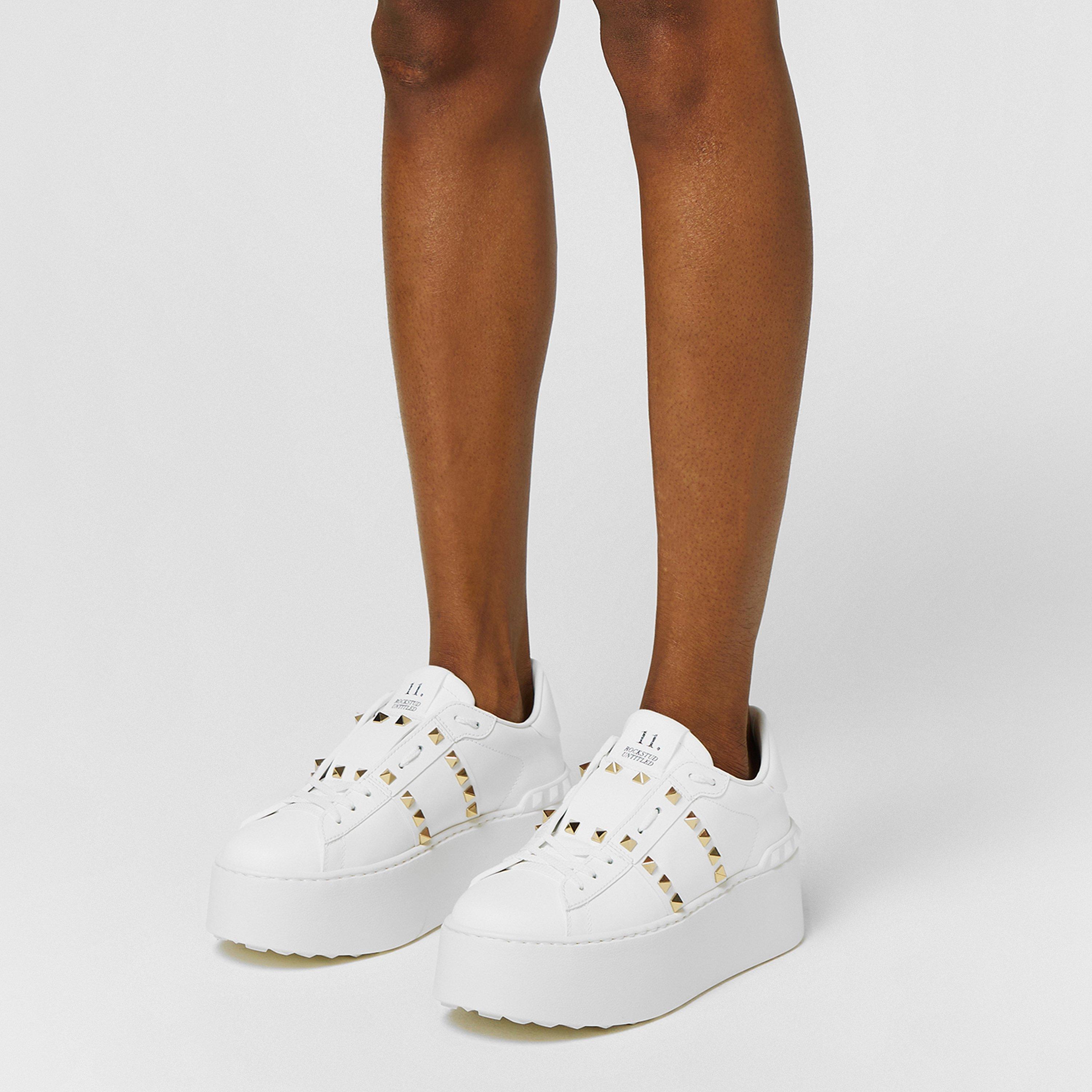 White 0BO - Valentino Garavani - Rockstud Untitled Leather Platform Sneakers - 3