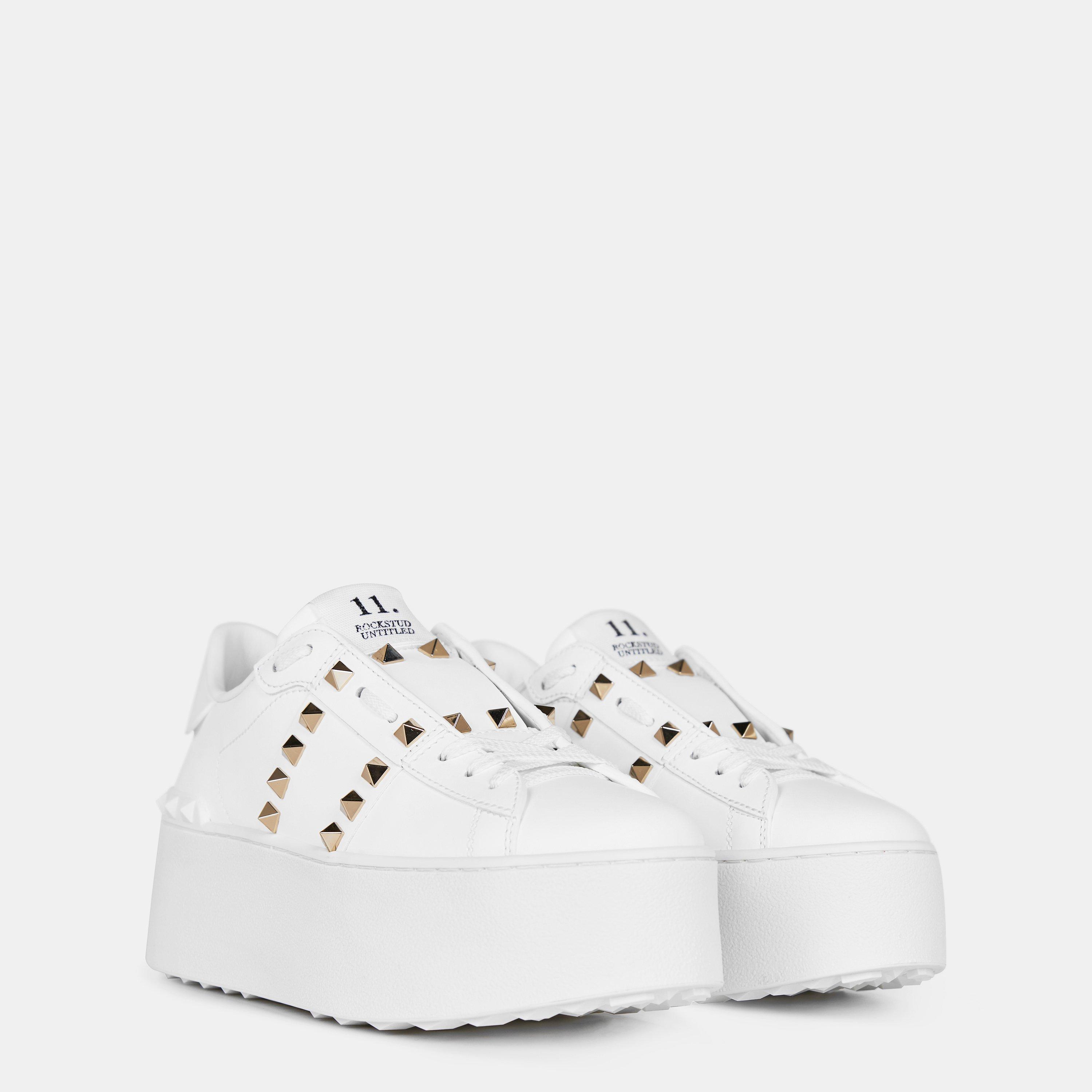 White 0BO - Valentino Garavani - Rockstud Untitled Leather Platform Sneakers - 4