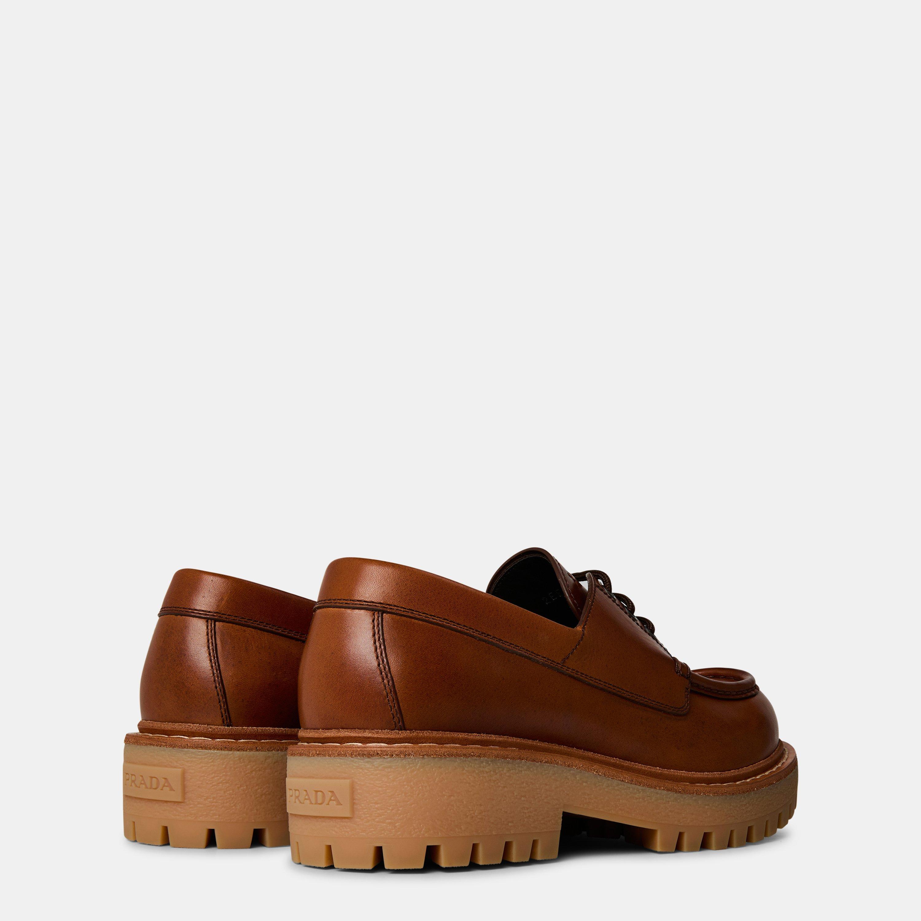 Brown - Prada - Laced Leather Loafers - 4