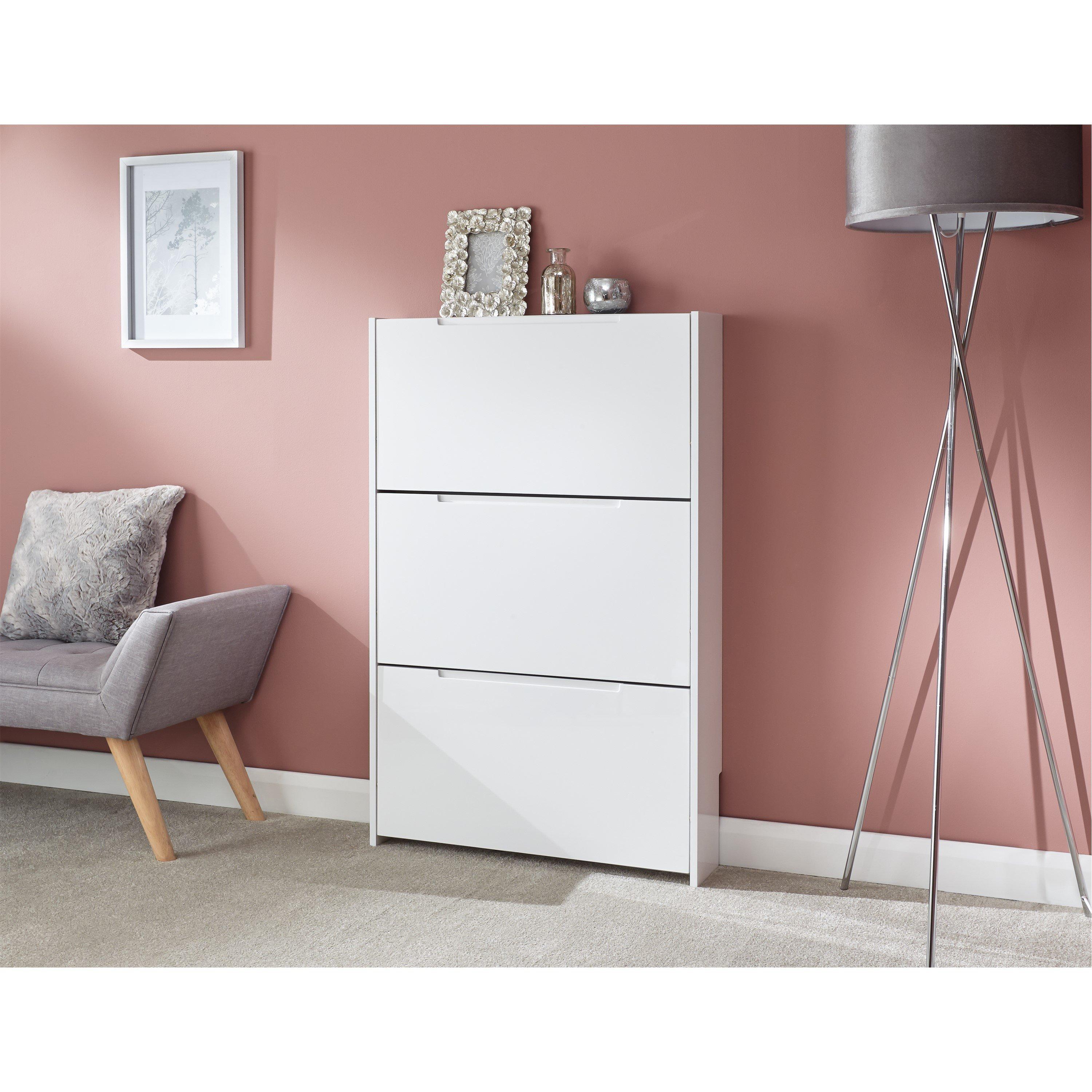 White - GFW - GFW Narrow High Gloss 3 Tier Shoe Cabinet