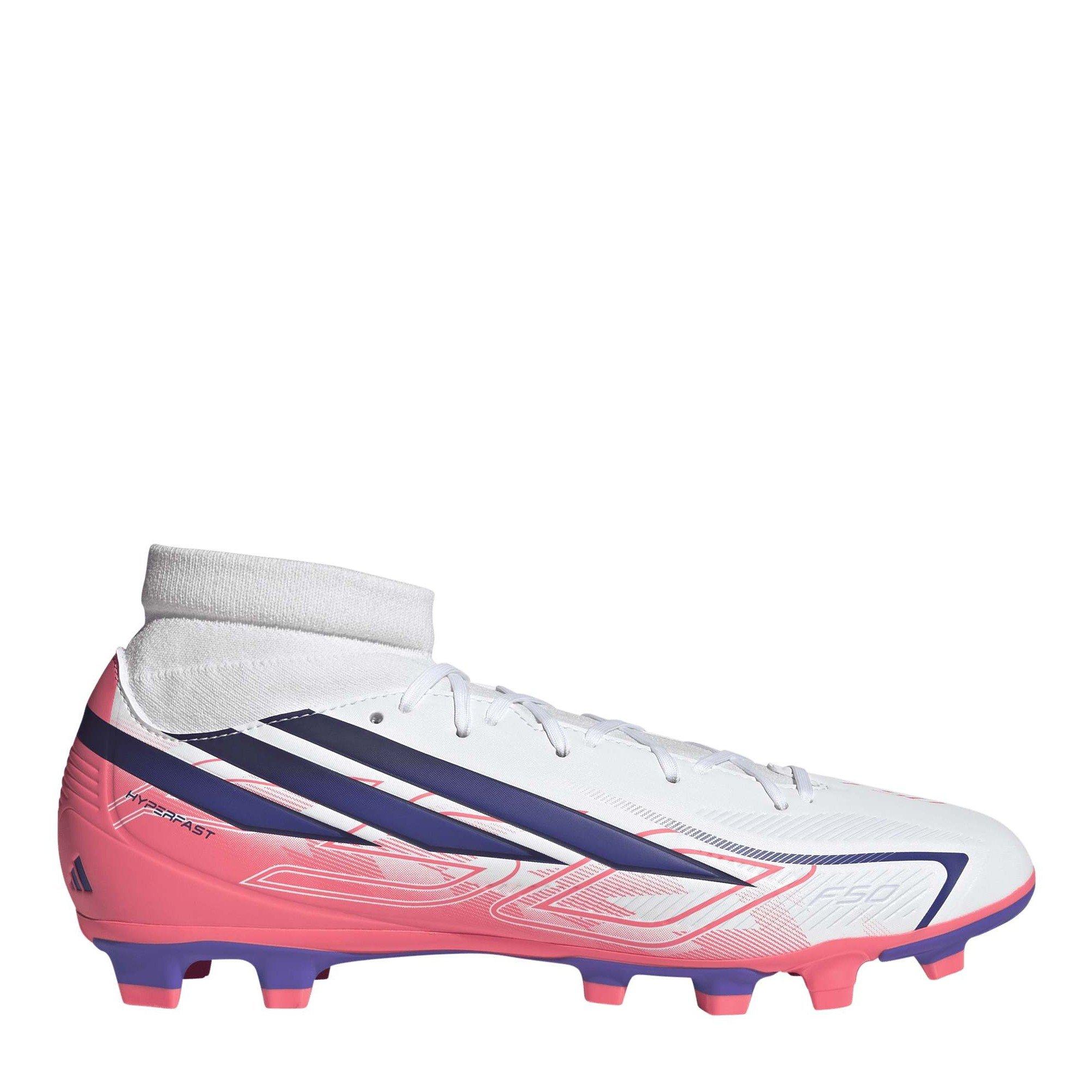 Adidas Men's F50 Hyperfast Club Mid Firm Ground /  Ground Football Boots - White/Coral - 8.5 (42.7)