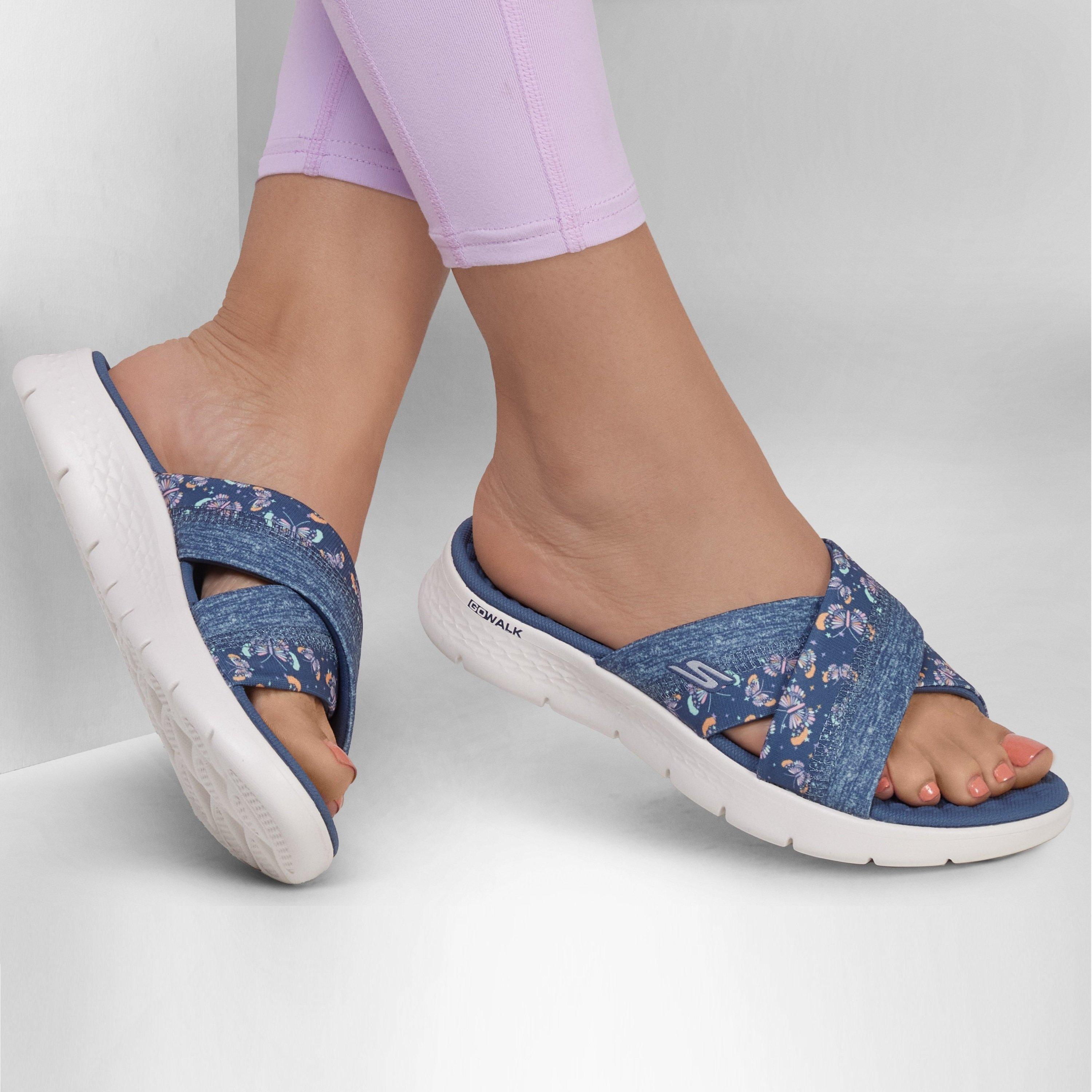 Navy/ Red - Skechers - Skechers Butterfly Print Memory Foam Straps Flat Sandals Womens - 3