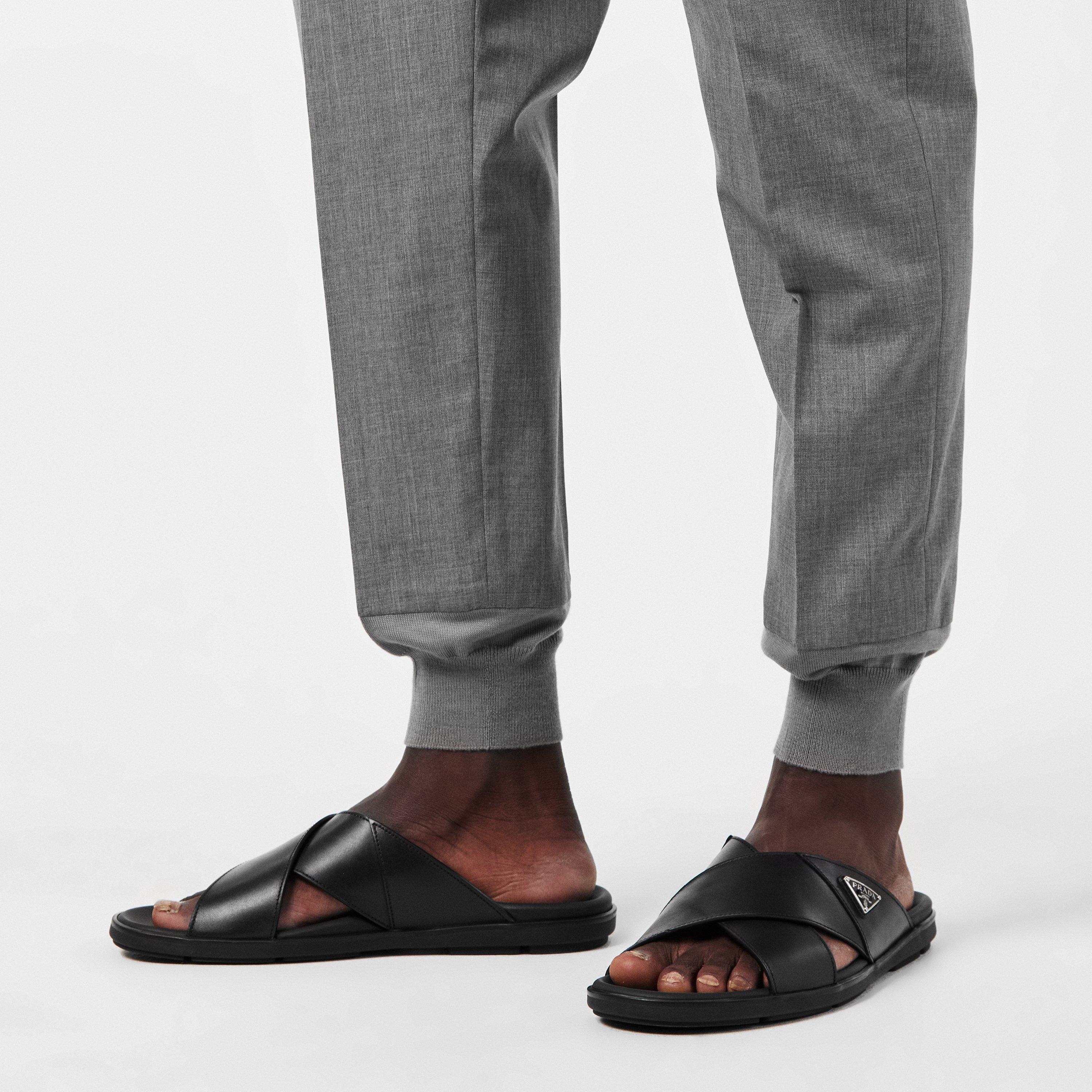 Black - Prada - Men's Leather Crisscross Flat Sandals - 3