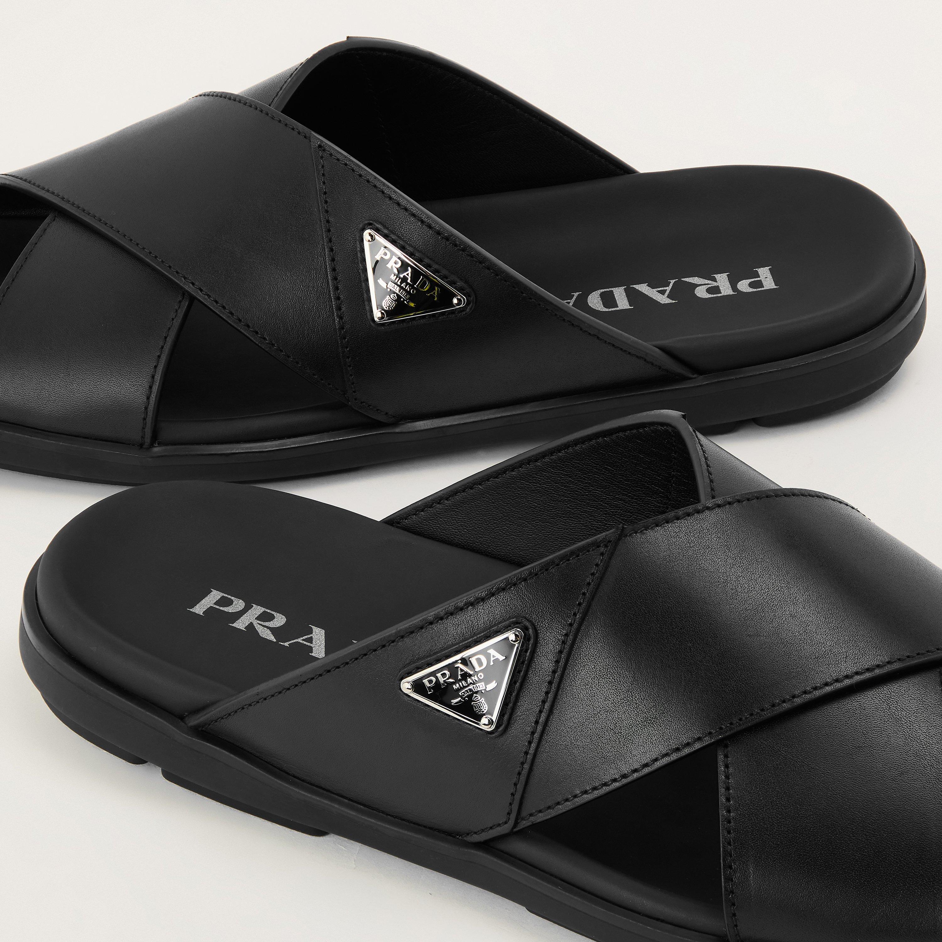 Black - Prada - Men's Leather Crisscross Flat Sandals - 4