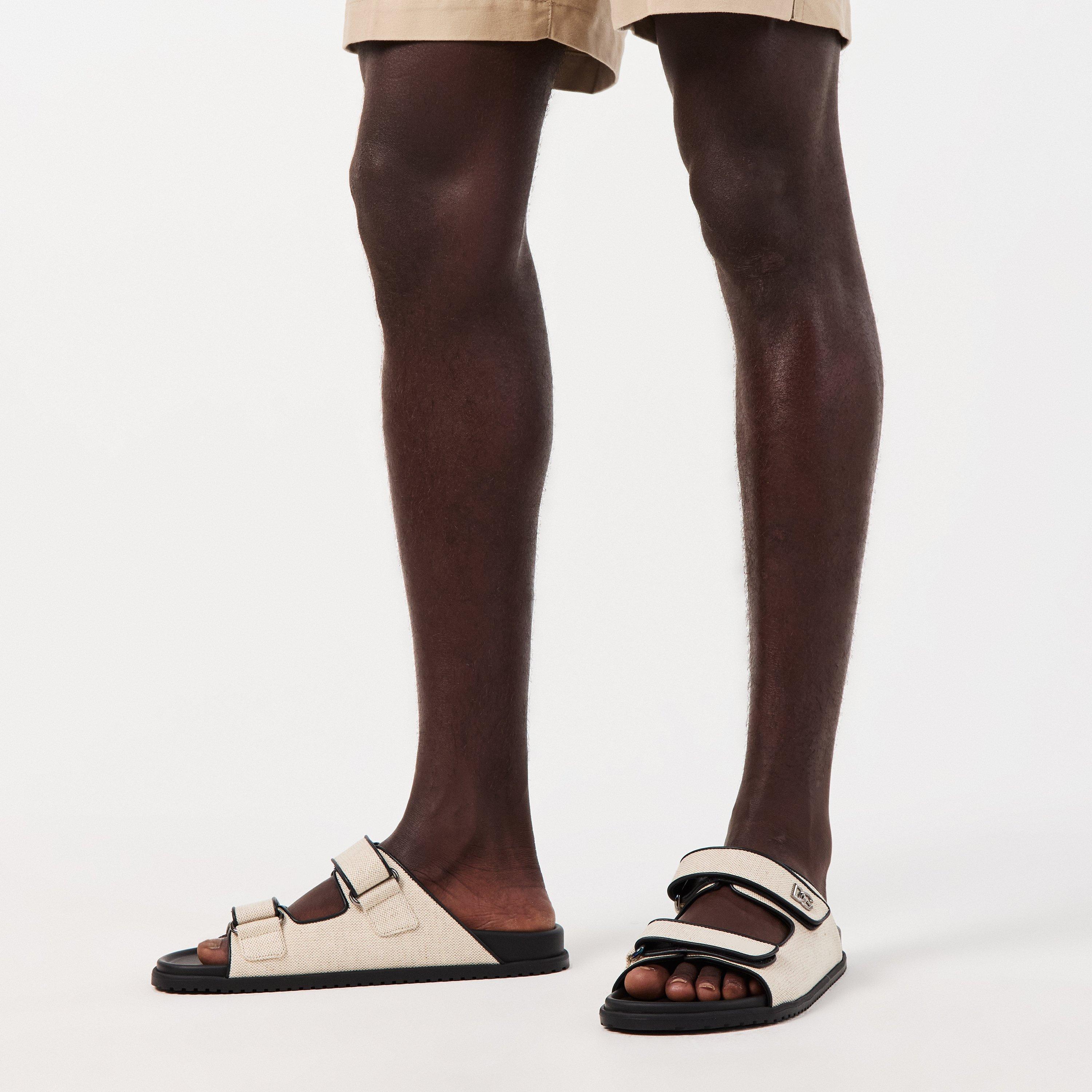 Ivory/Black - Dolce and Gabbana - Men's Canvas Flat Sandals - 3