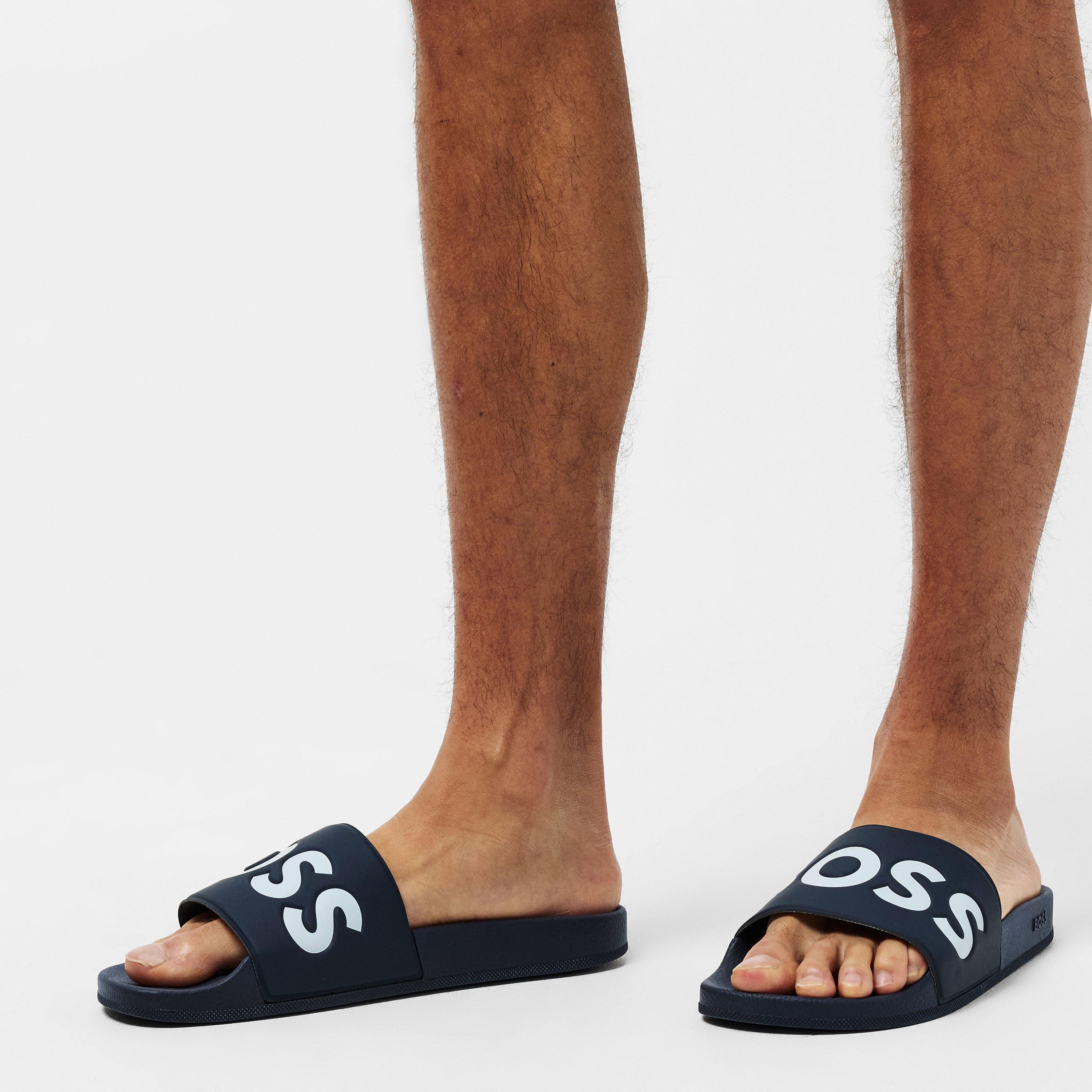 Navy/White 405 - Boss - Men's Aryeh Sliders, Comfy Footbed Sandals - 3