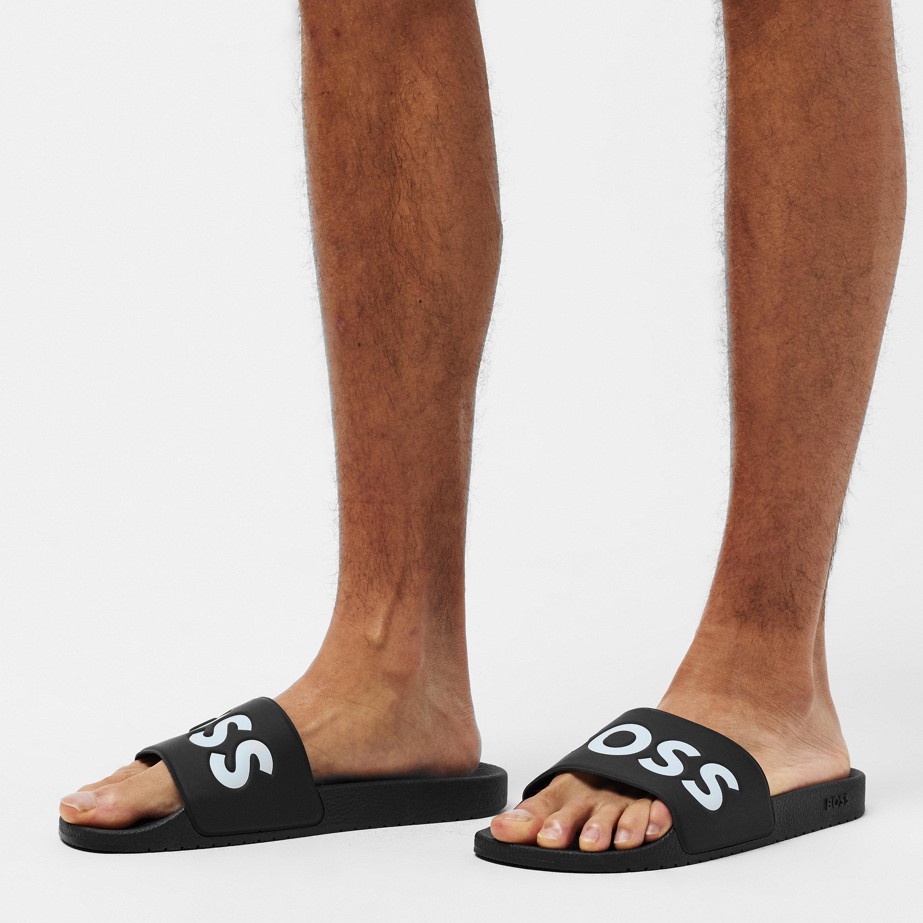 Black/White 002 - Boss - Mens BOSS Comfy Slider Sandals with Logo Detail (Aryeh) - 3