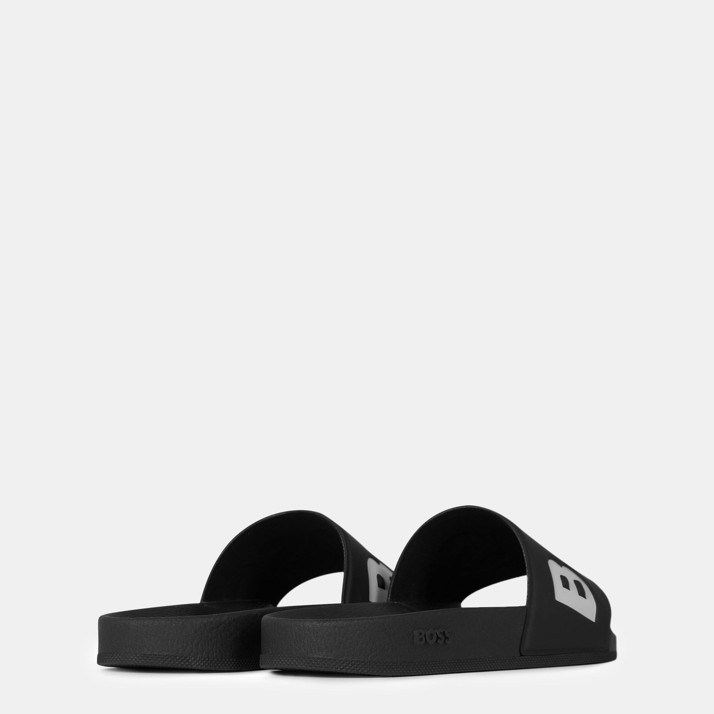 Black/White 002 - Boss - Mens BOSS Comfy Slider Sandals with Logo Detail (Aryeh) - 4