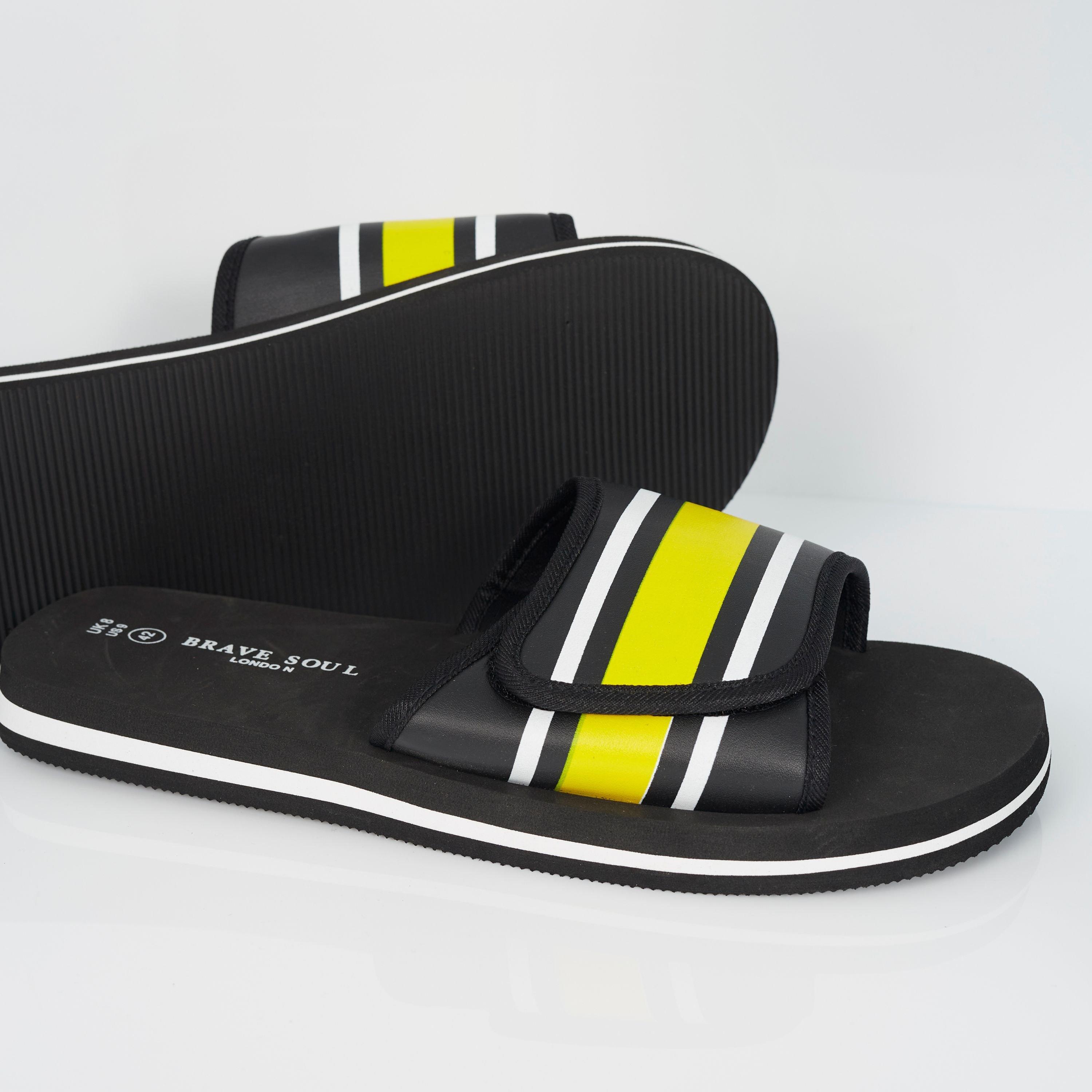 Blk/Yllw/White - Brave Soul - Mens Adjustable Strap Striped Slider - 4