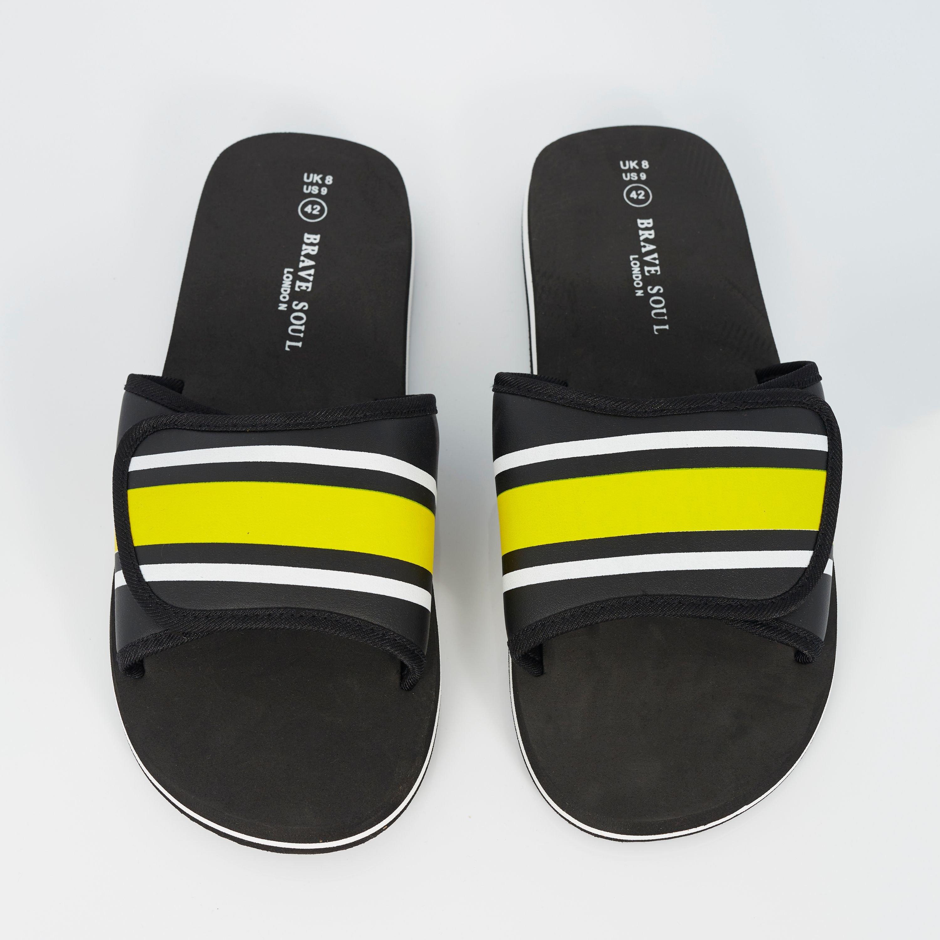 Blk/Yllw/White - Brave Soul - Mens Adjustable Strap Striped Slider - 5