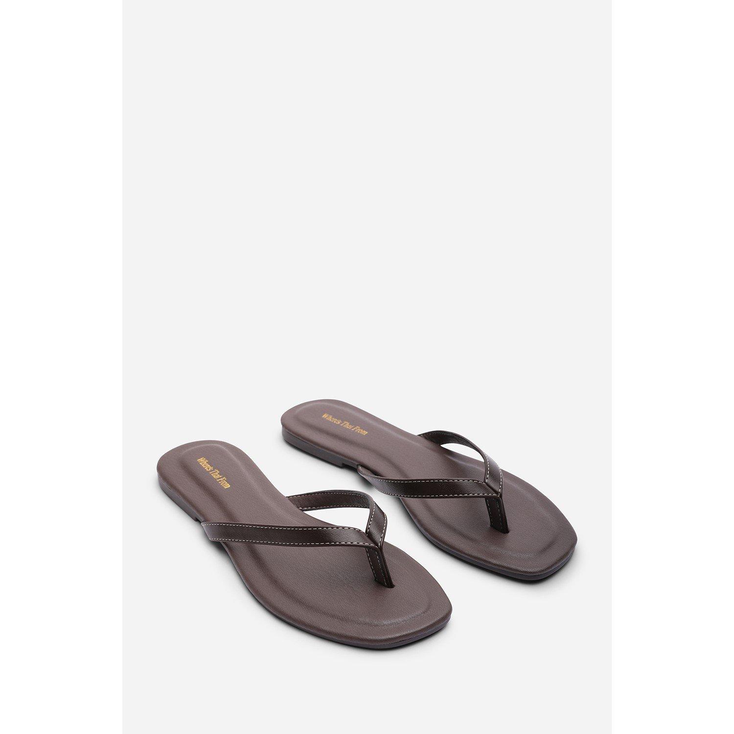 Dk Brown PU - Wheres That From - Where’s Flip Flop Sandal with Contrast Stitch Detail - 4