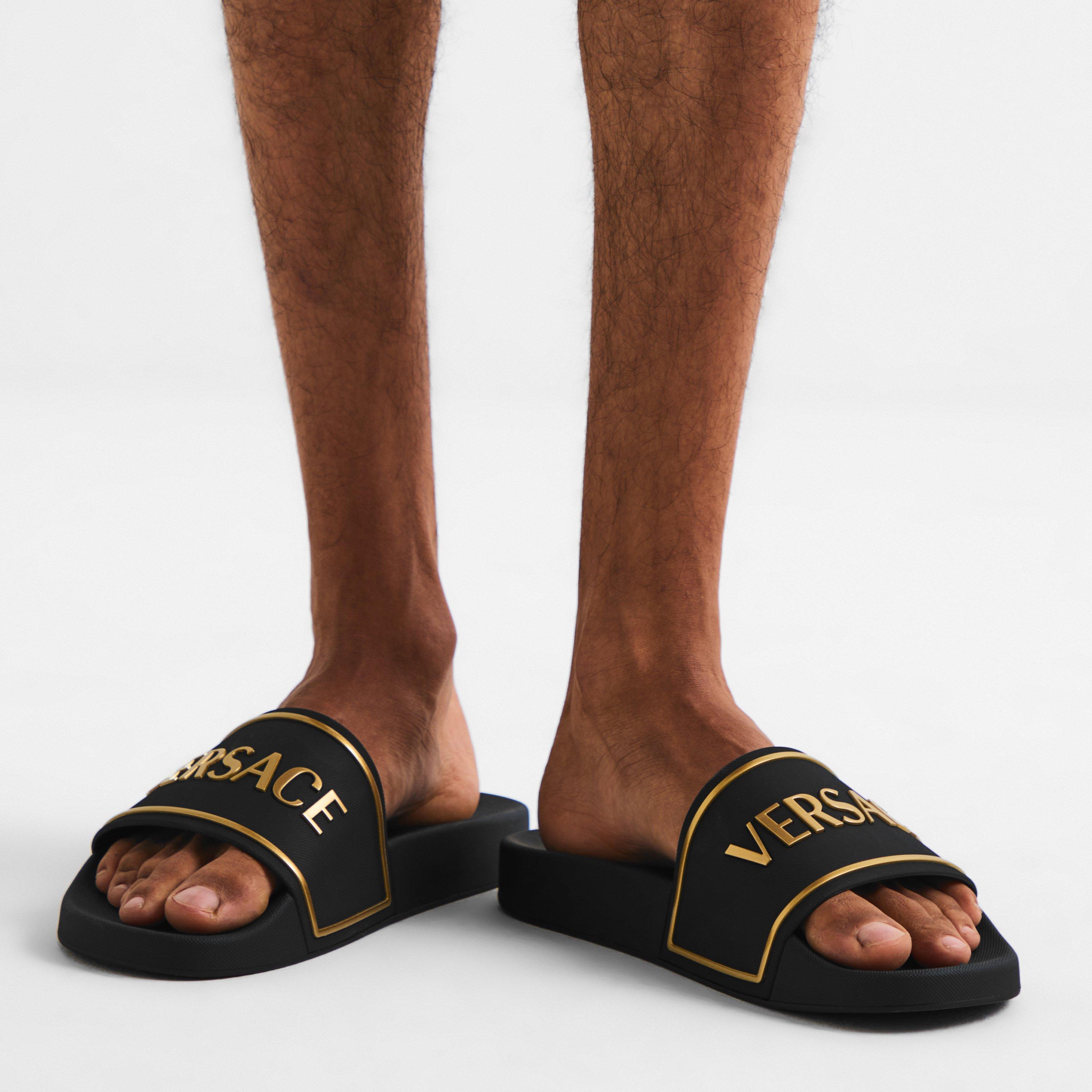 Black/Gold - Versace - Men's Emboss Pool Sliders - 3
