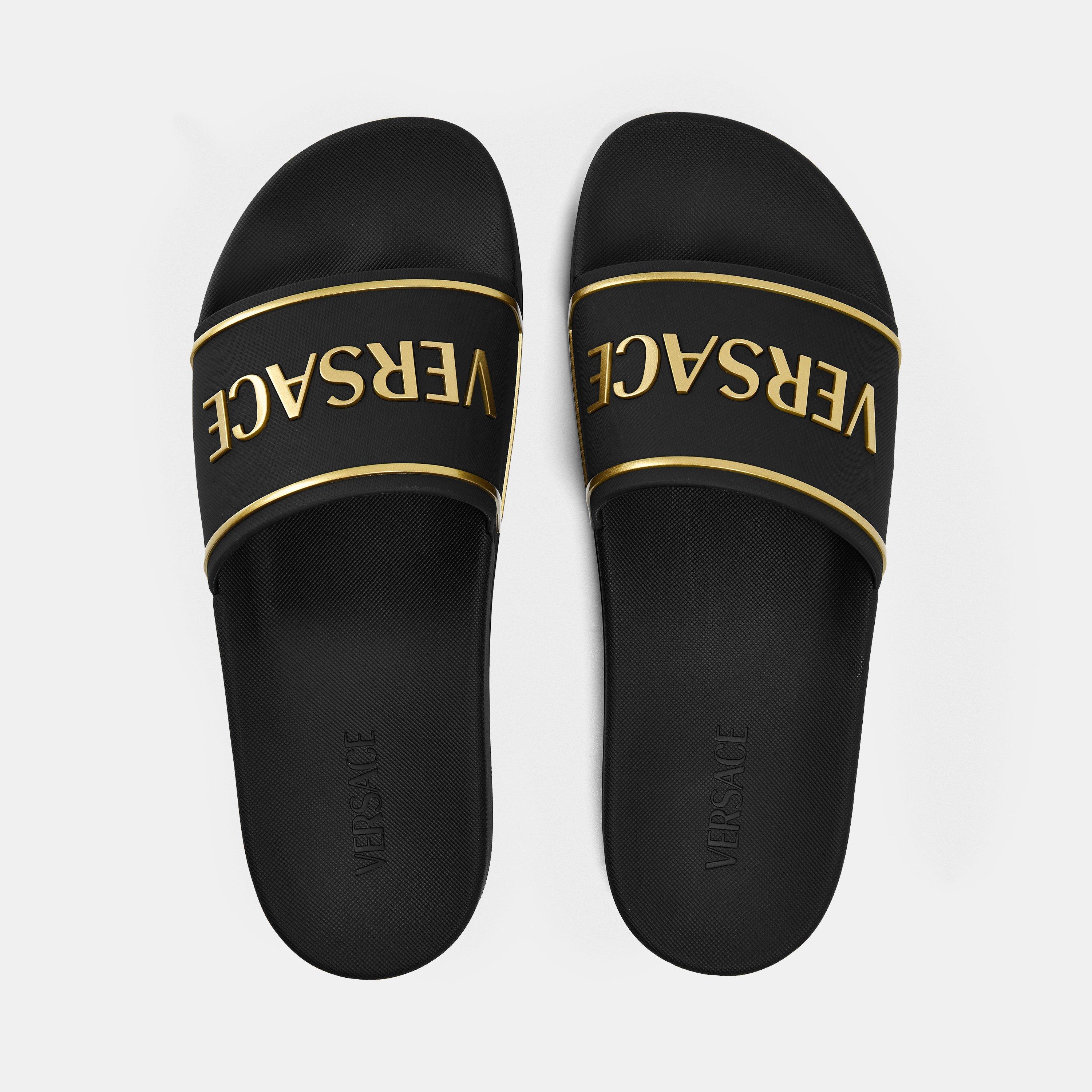 Black/Gold - Versace - Men's Emboss Pool Sliders - 5