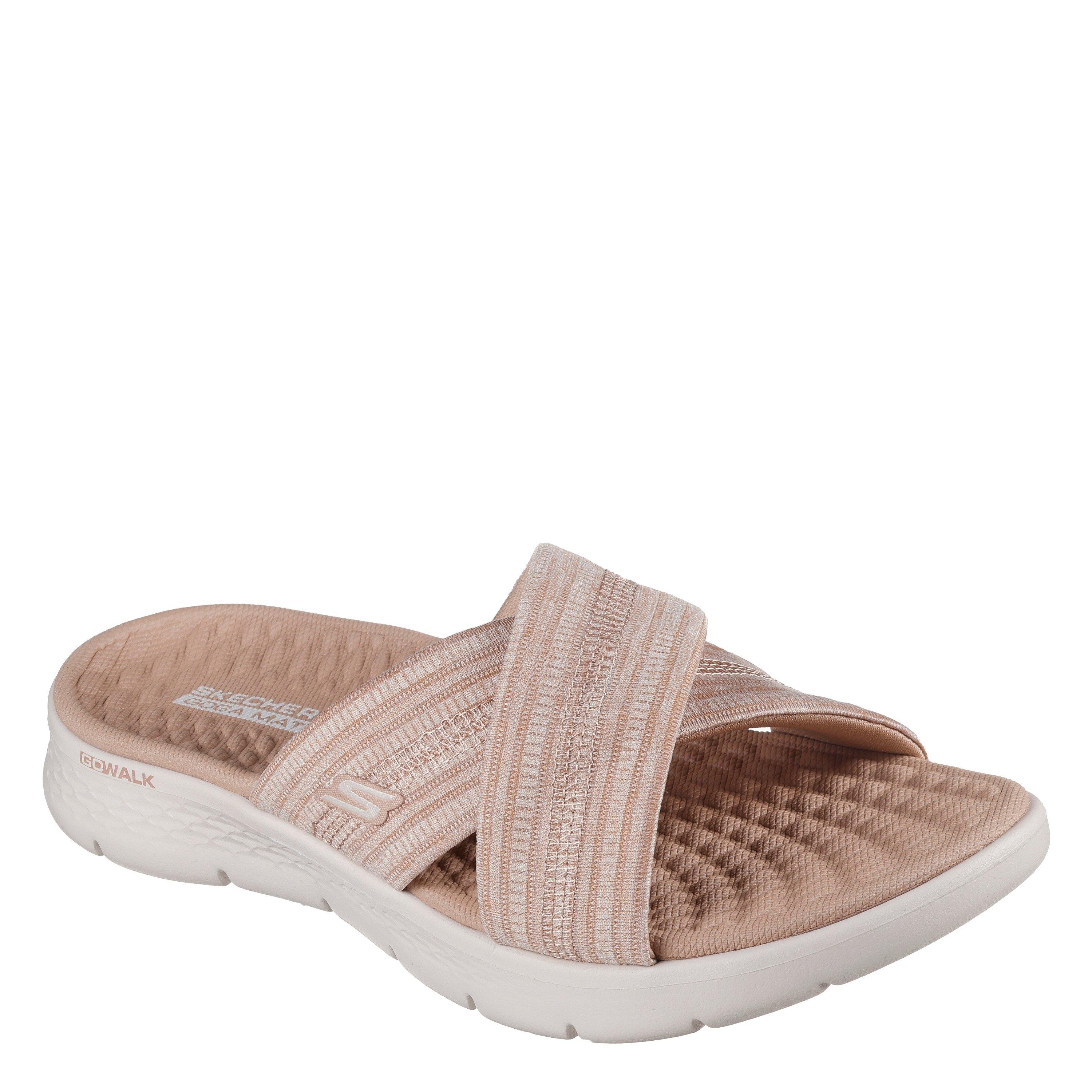 Taupe - Skechers - Crossband Slide W Memory Foam Strap Flat Sandals Womens - 1