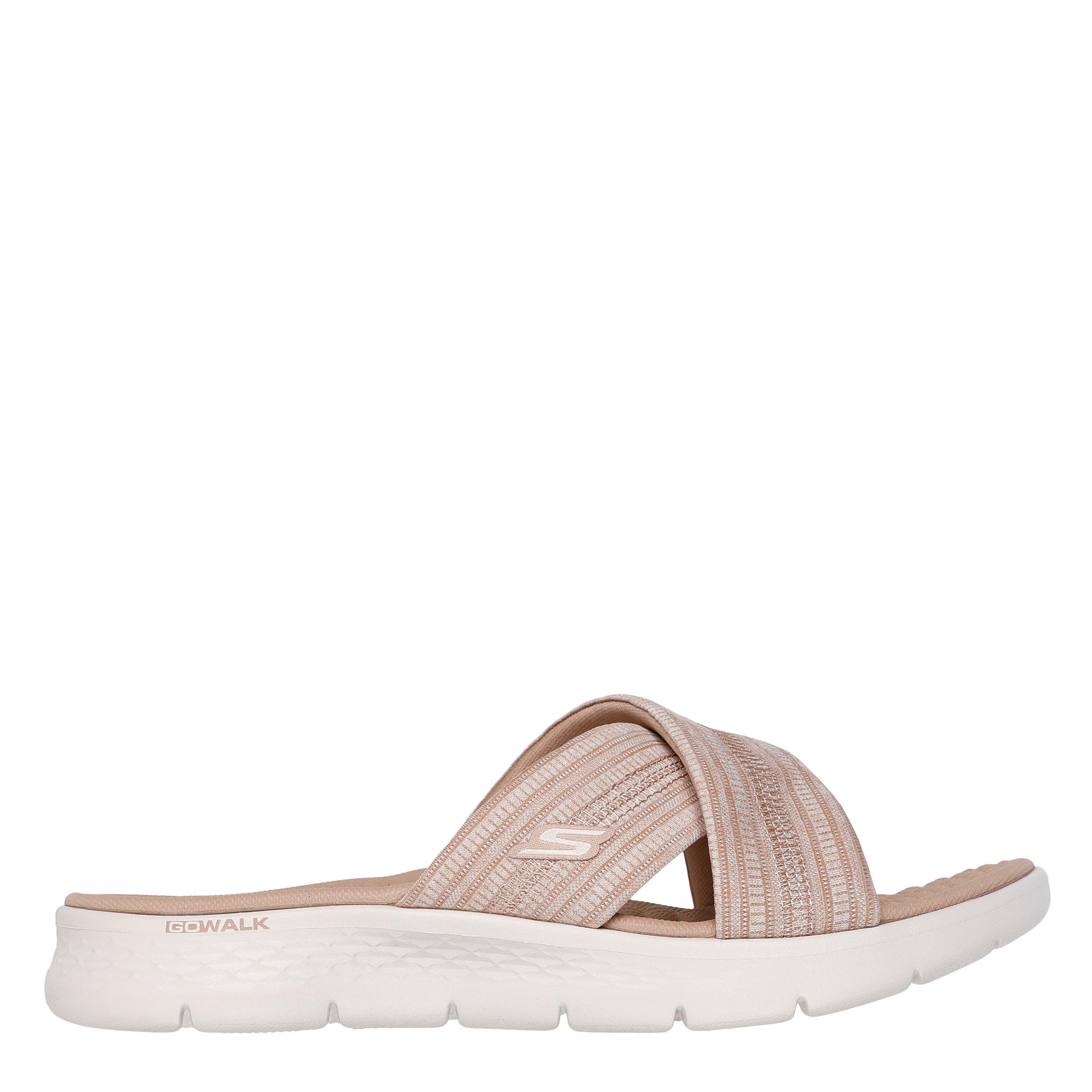 Taupe - Skechers - Crossband Slide W Memory Foam Strap Flat Sandals Womens - 3
