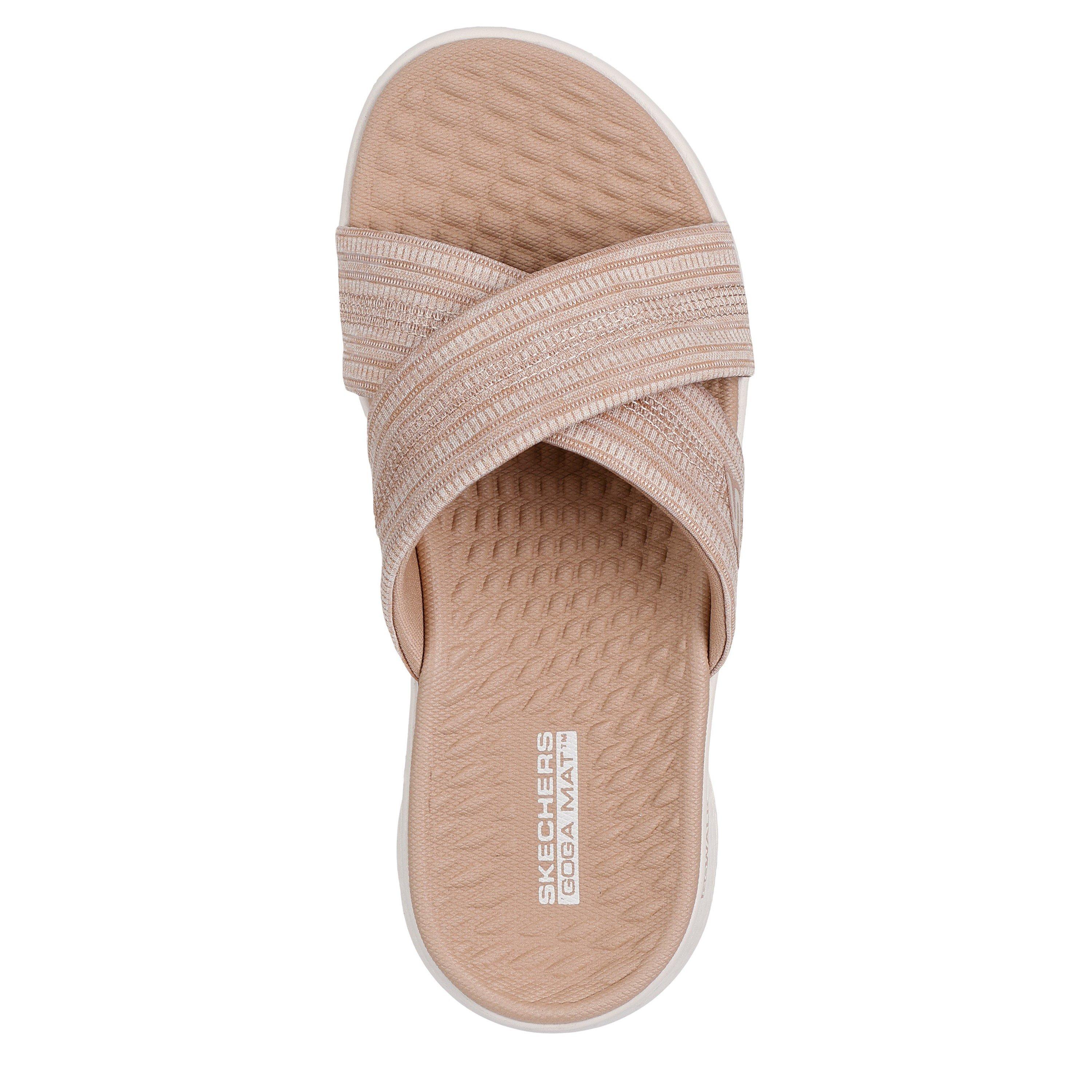 Taupe - Skechers - Crossband Slide W Memory Foam Strap Flat Sandals Womens - 5