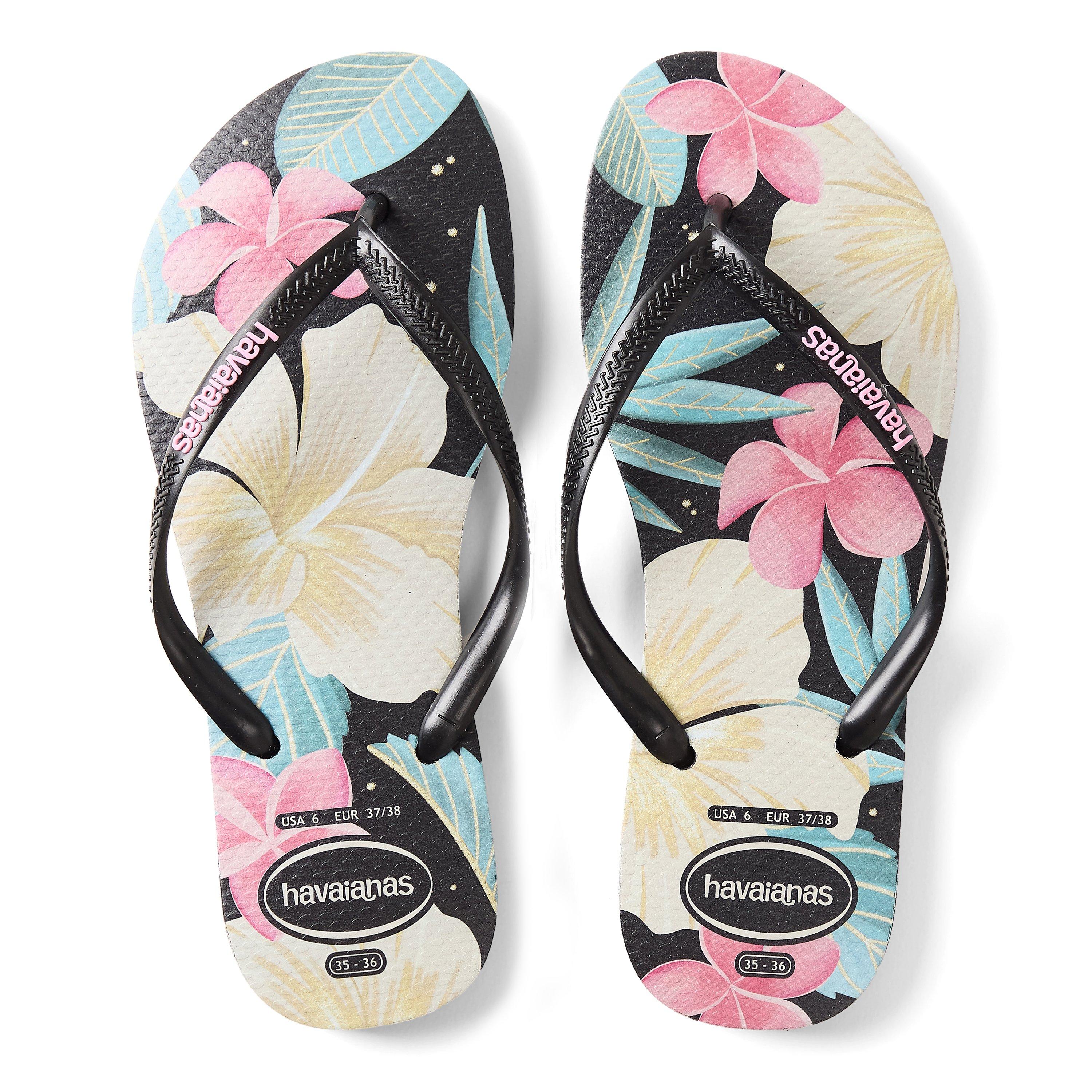 Blk/Pink - Havaianas - Hav. Slim Floral Black/Pink 35/36 Flip Flops Womens - 4