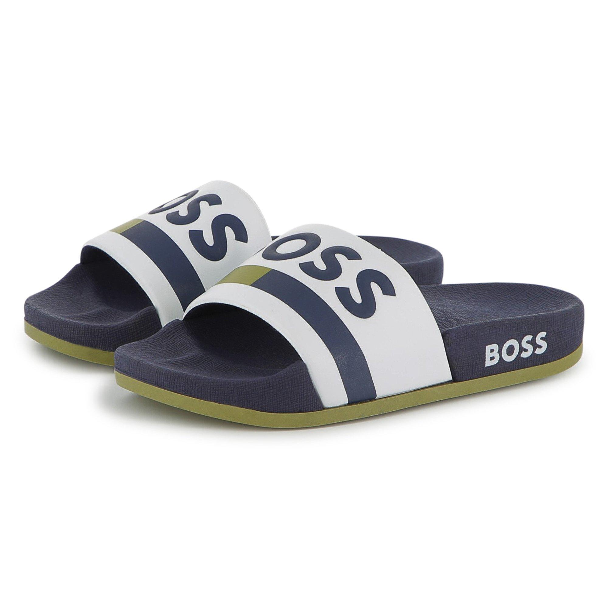 White 10P - Boss - Kids Striped Sliders, Design Sandals - 2