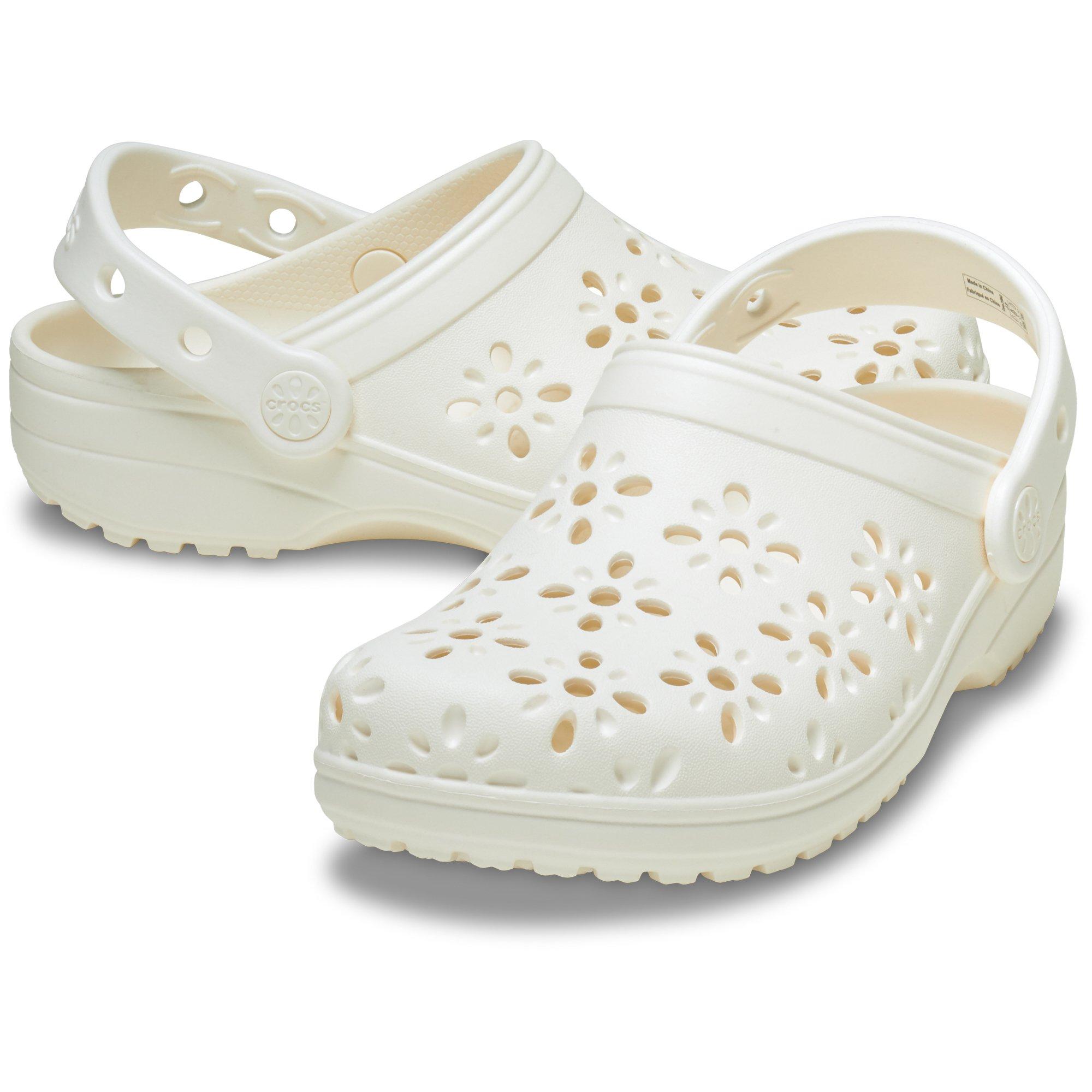 White - Crocs - Classic Floral Cut-Out Clogs - 5