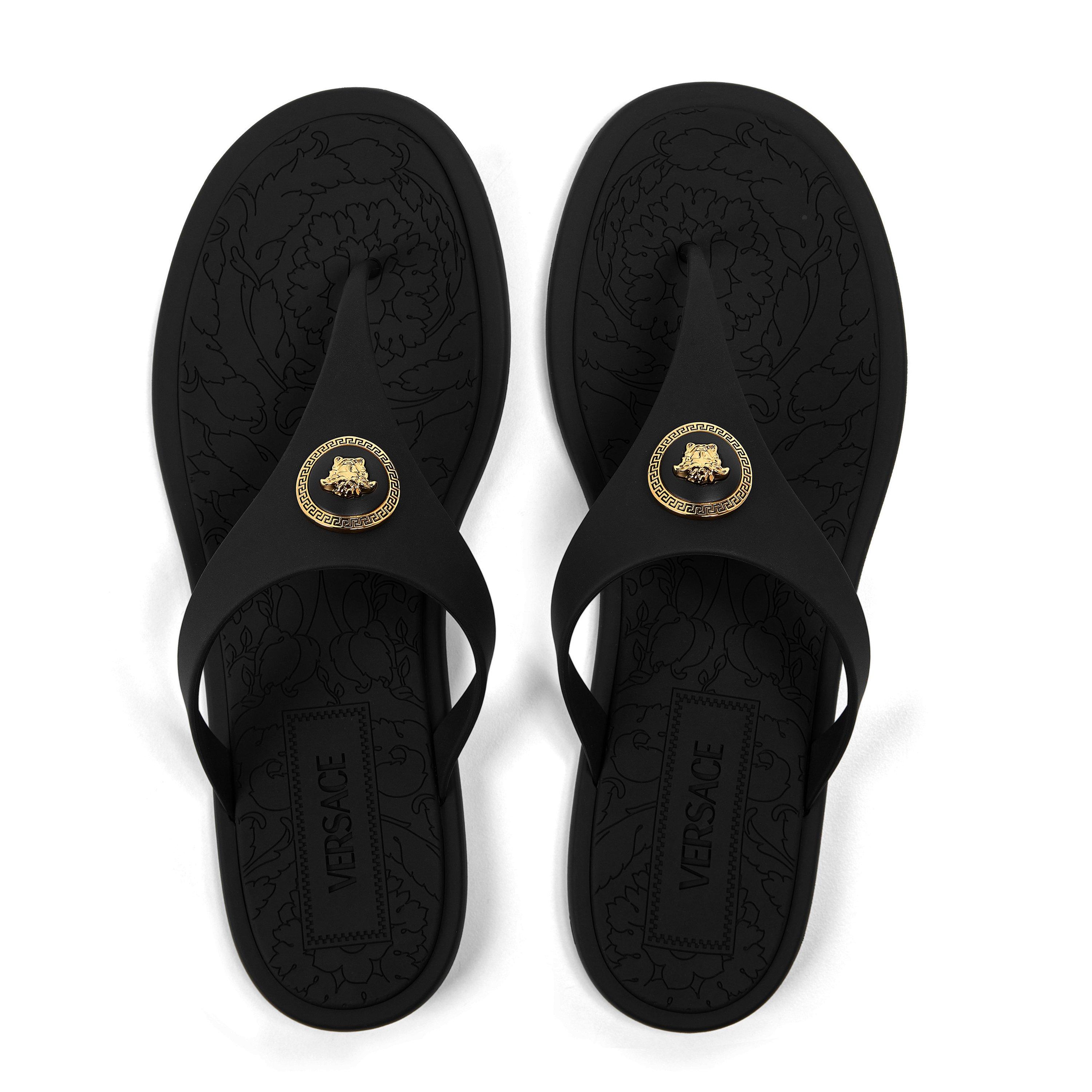 Black/Gold - Versace - Alia Rubber Flat Sandals - 5