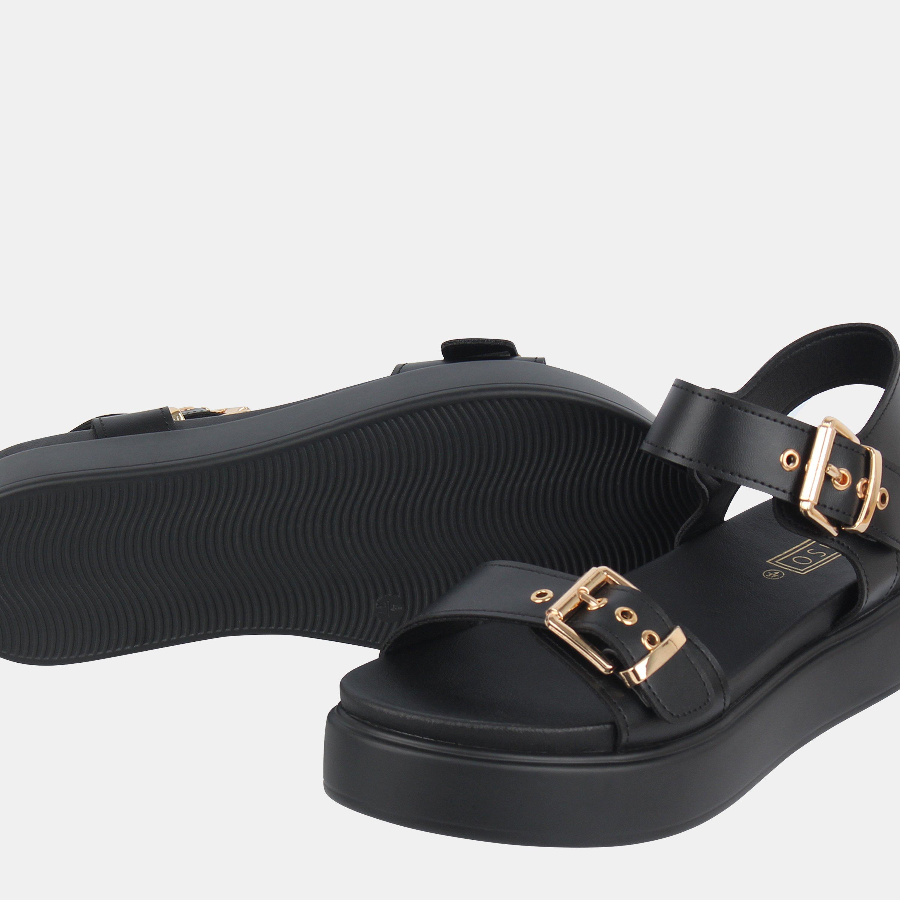 Black/Gold - Miso - Chunky Strap Flat Sandals - 3