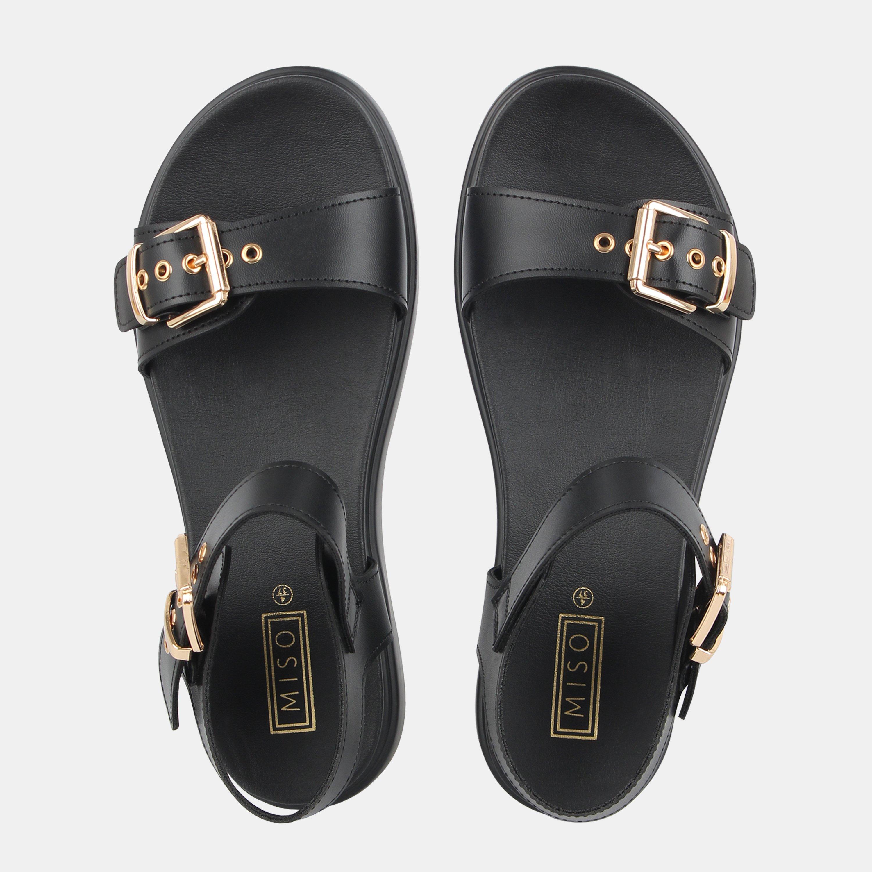 Black/Gold - Miso - Chunky Strap Flat Sandals - 4
