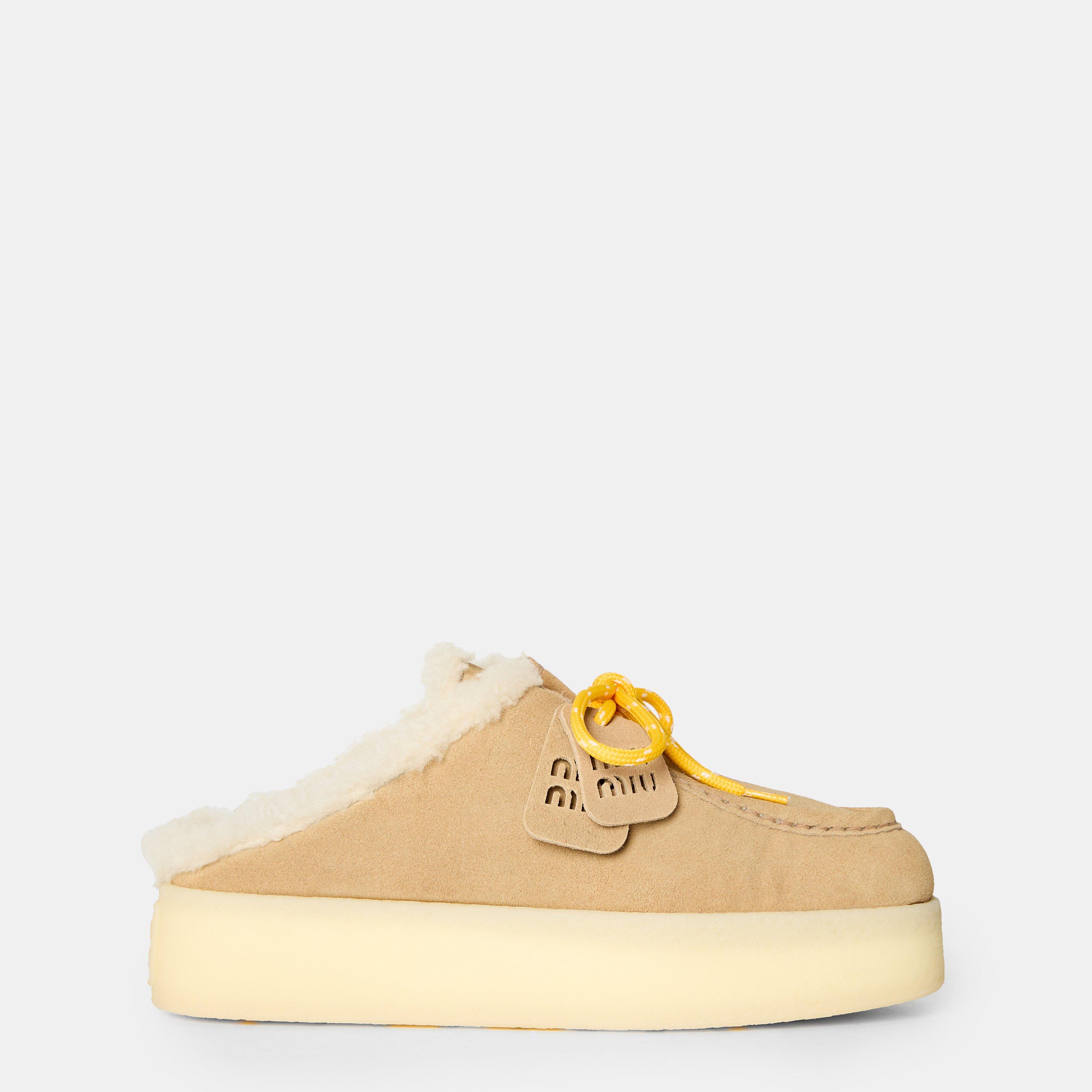 Miu Miu Women's Smooth Upper Open Back Flat Mules - Ecru Sude Shear - Size 4 (37)