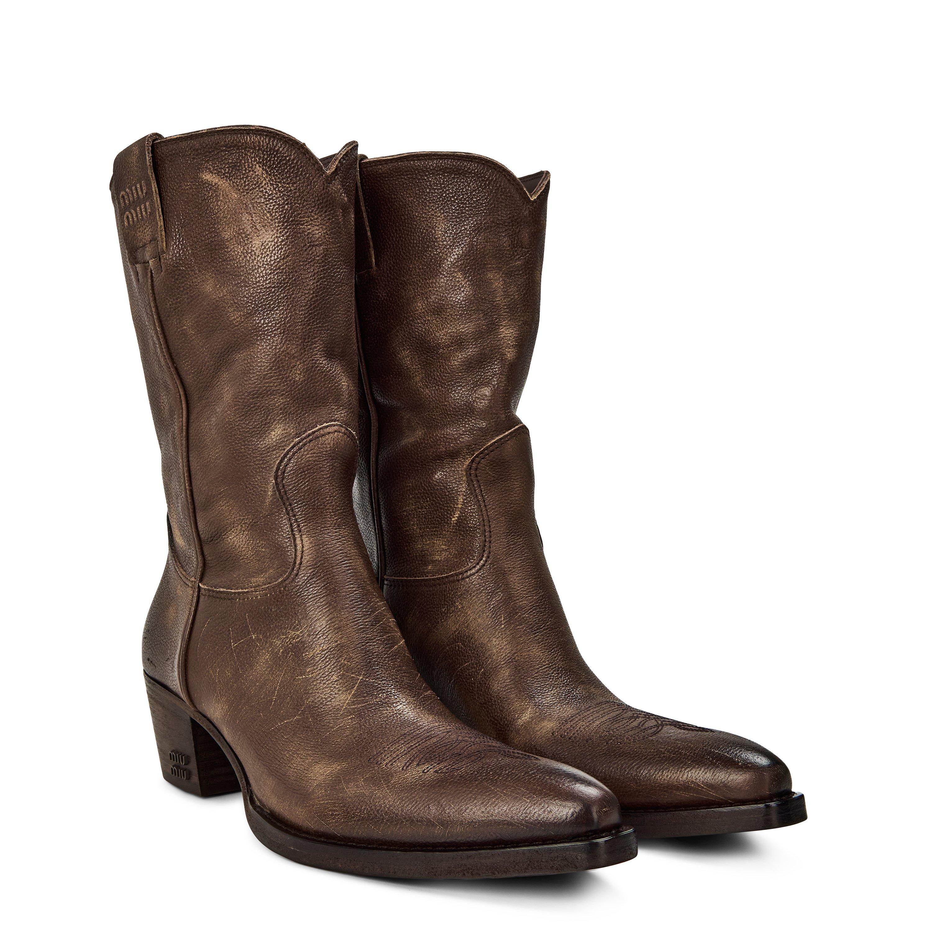 Brown - Miu Miu - Heat Stamped Leather Cowboy Boots - 3