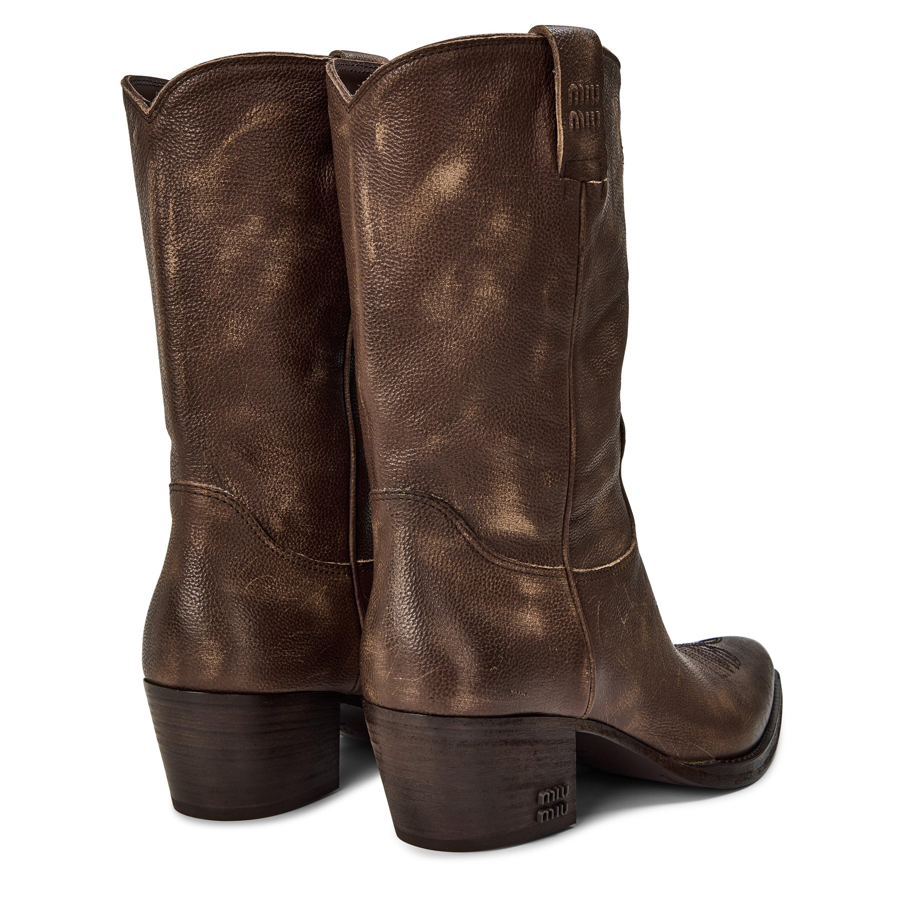 Brown - Miu Miu - Heat Stamped Leather Cowboy Boots - 4