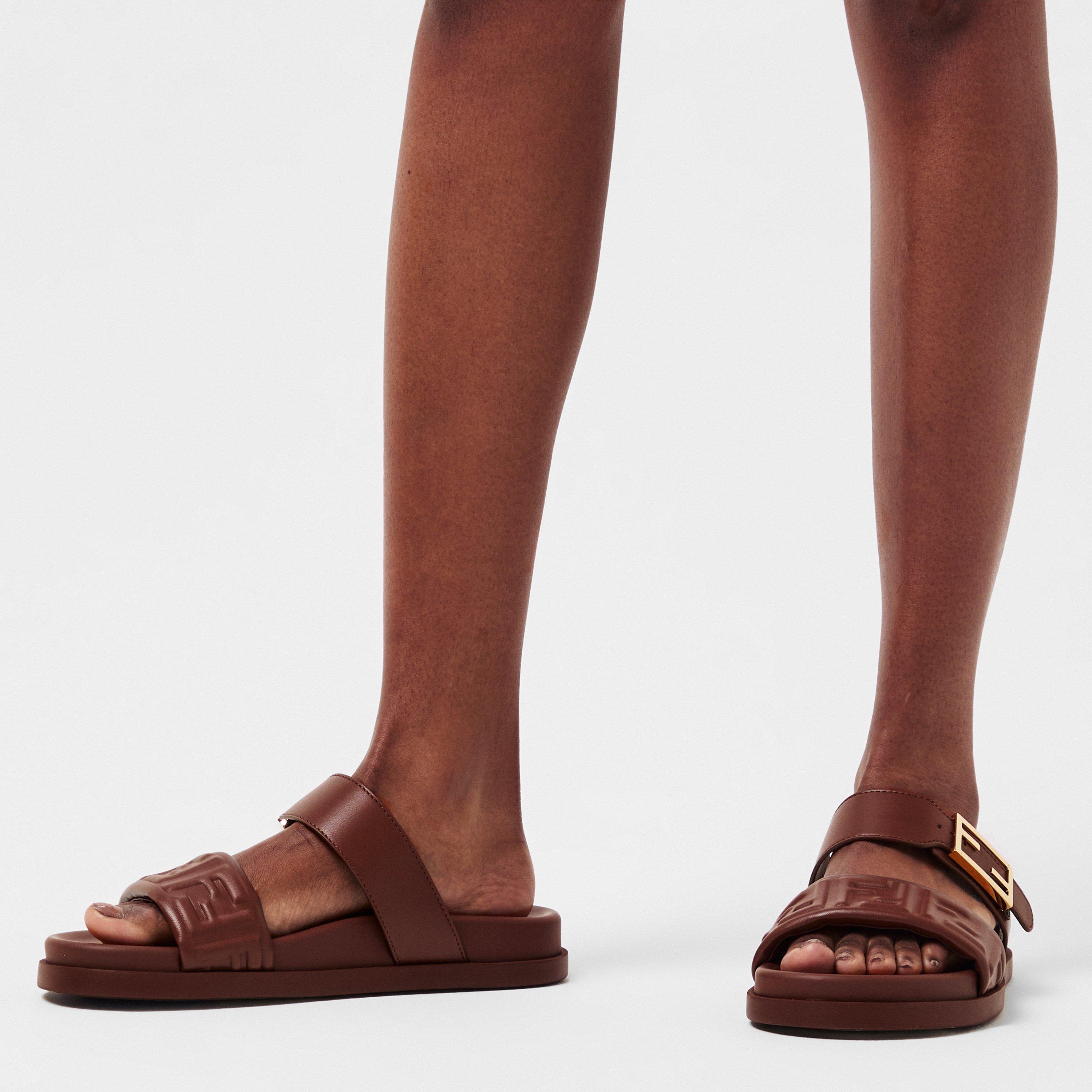 Brown - Fendi - Women's Double Strap Leather Flat Sandals - 3