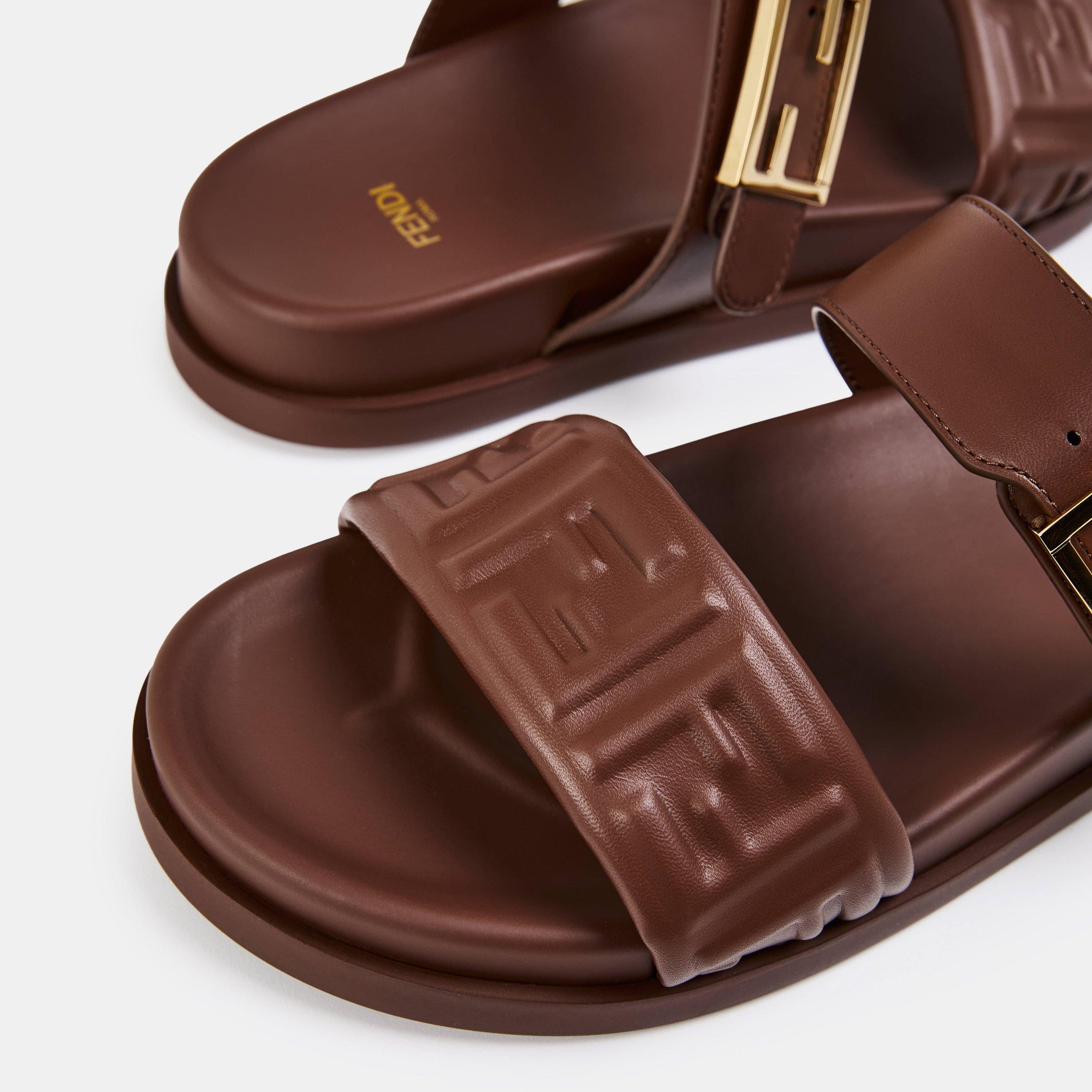 Brown - Fendi - Women's Double Strap Leather Flat Sandals - 4