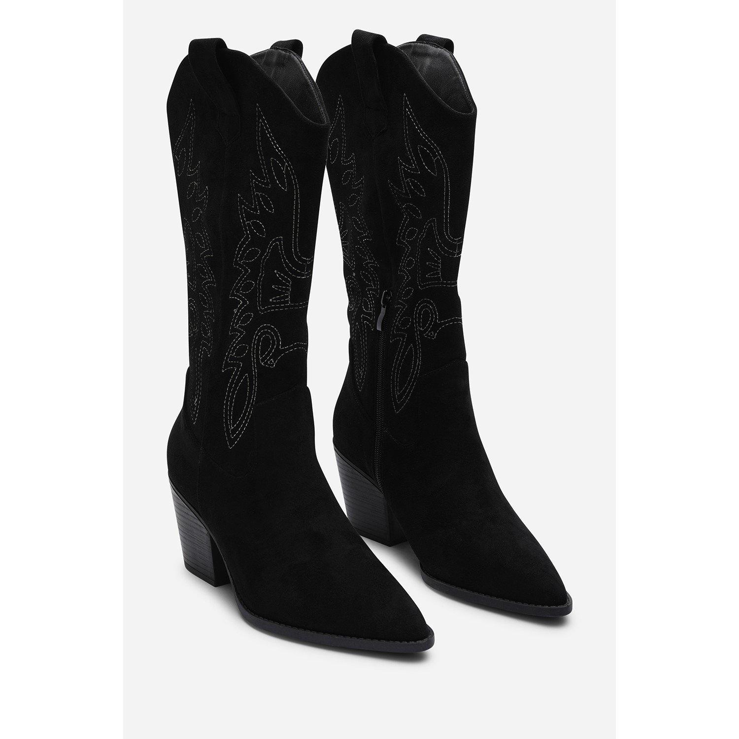 Black Suede - Wheres That From - Where’s Calf Cowboy Boots Block Heel Western Embroidered - 4