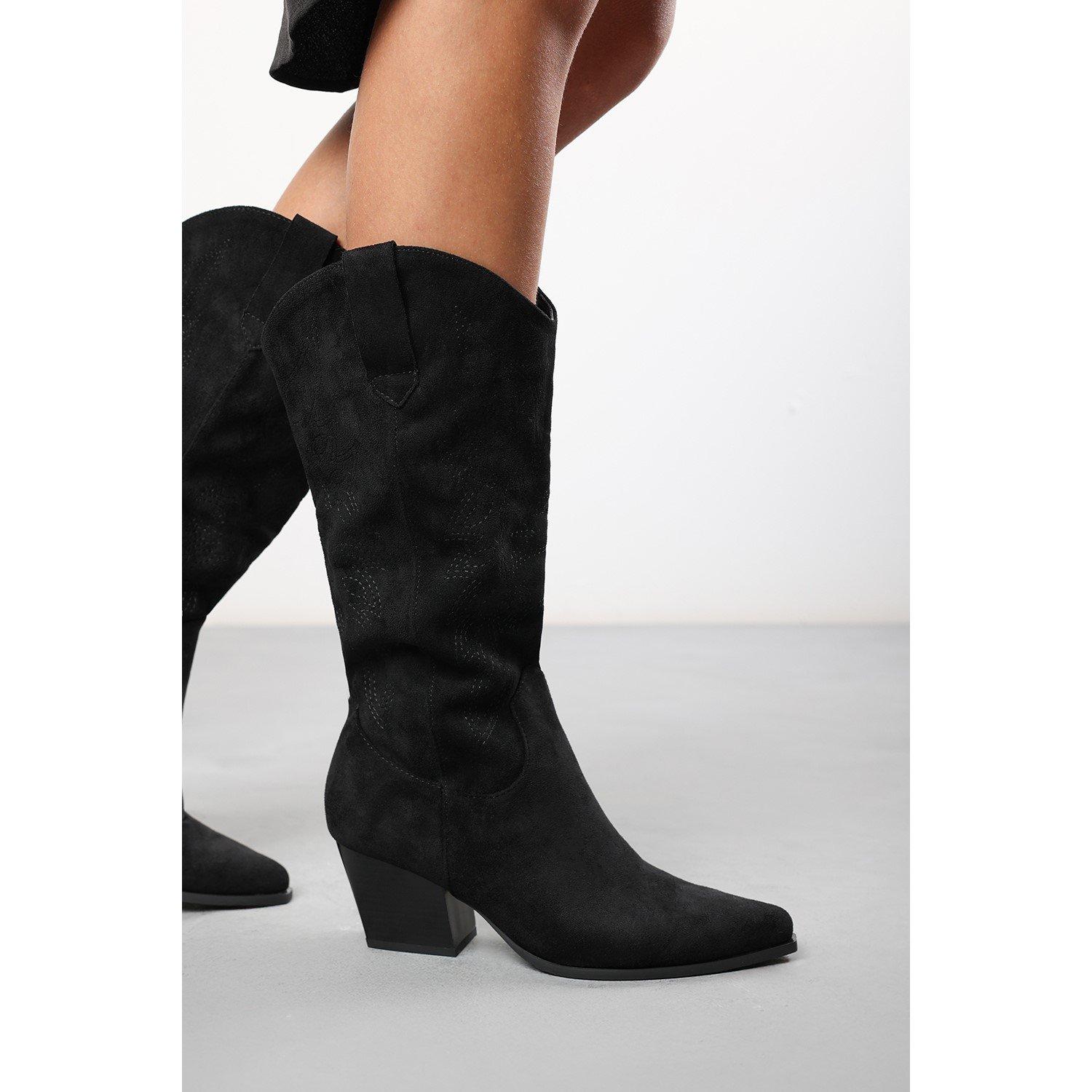 Black Suede - Wheres That From - Where’s Calf Cowboy Boots Block Heel Western Embroidered - 6